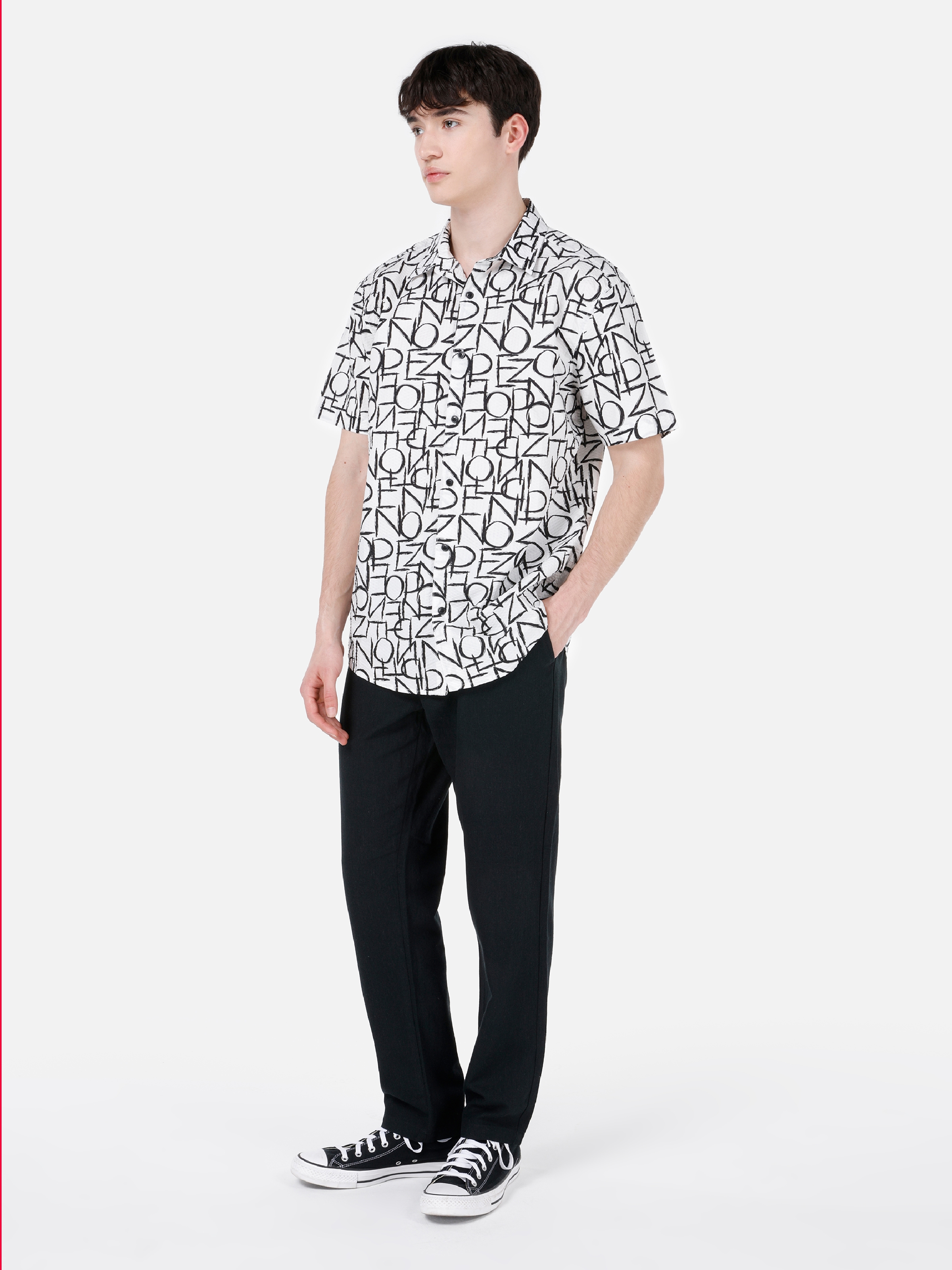 Normal Kesim Shirt Yaka Baskılı Beyaz Erkek Kısa Kol Gömlek Cl1067585