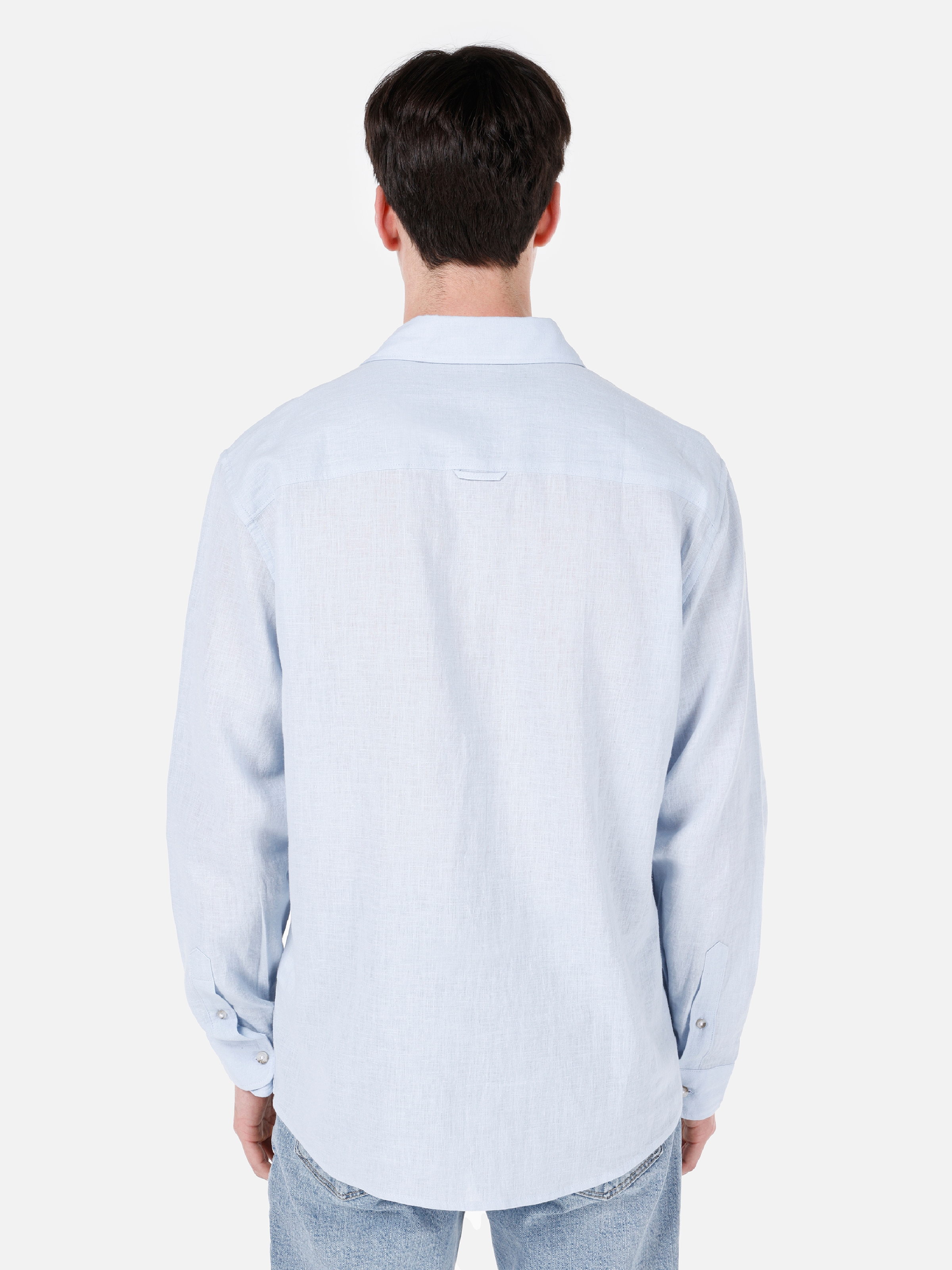 Normal Kesim Shirt Yaka Cepsiz Mavi Erkek Uzun Kol Gömlek Cl1068759