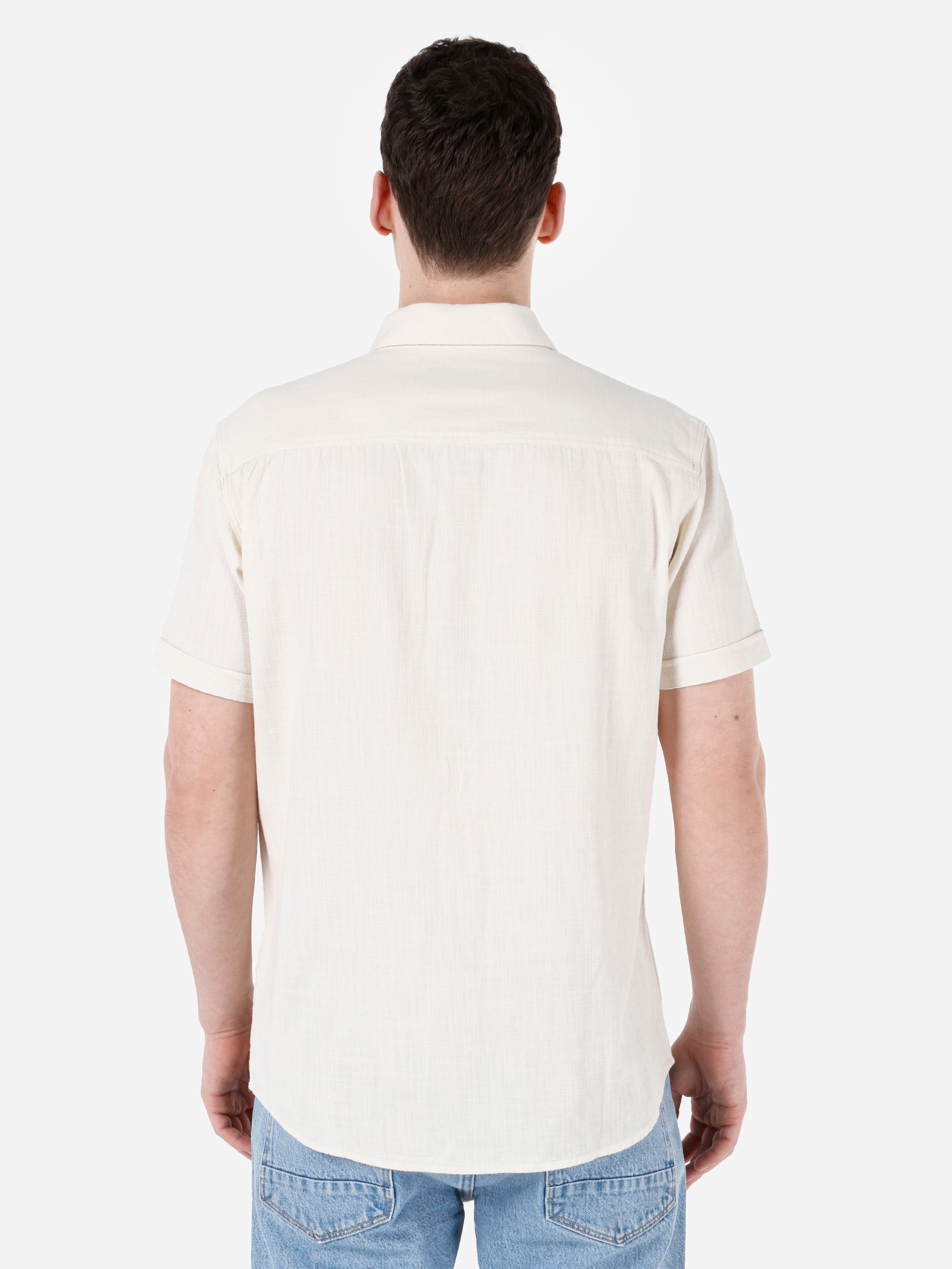 Normal Kesim Shirt Yaka Baskılı Ekru Erkek Kısa Kol Gömlek Cl1067593