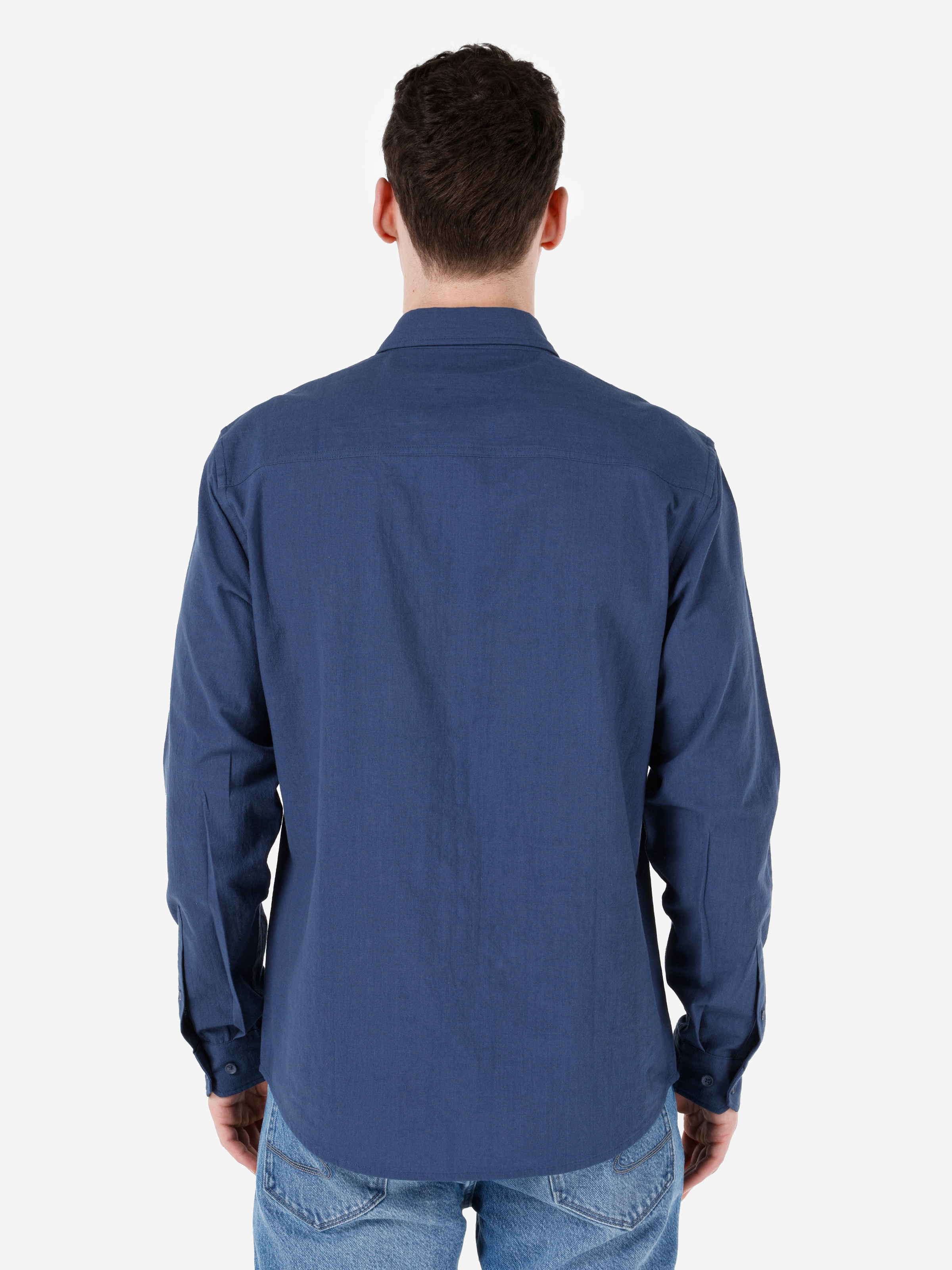 Normal Kesim Shirt Yaka Mavi Erkek Uzun Kol Gömlek