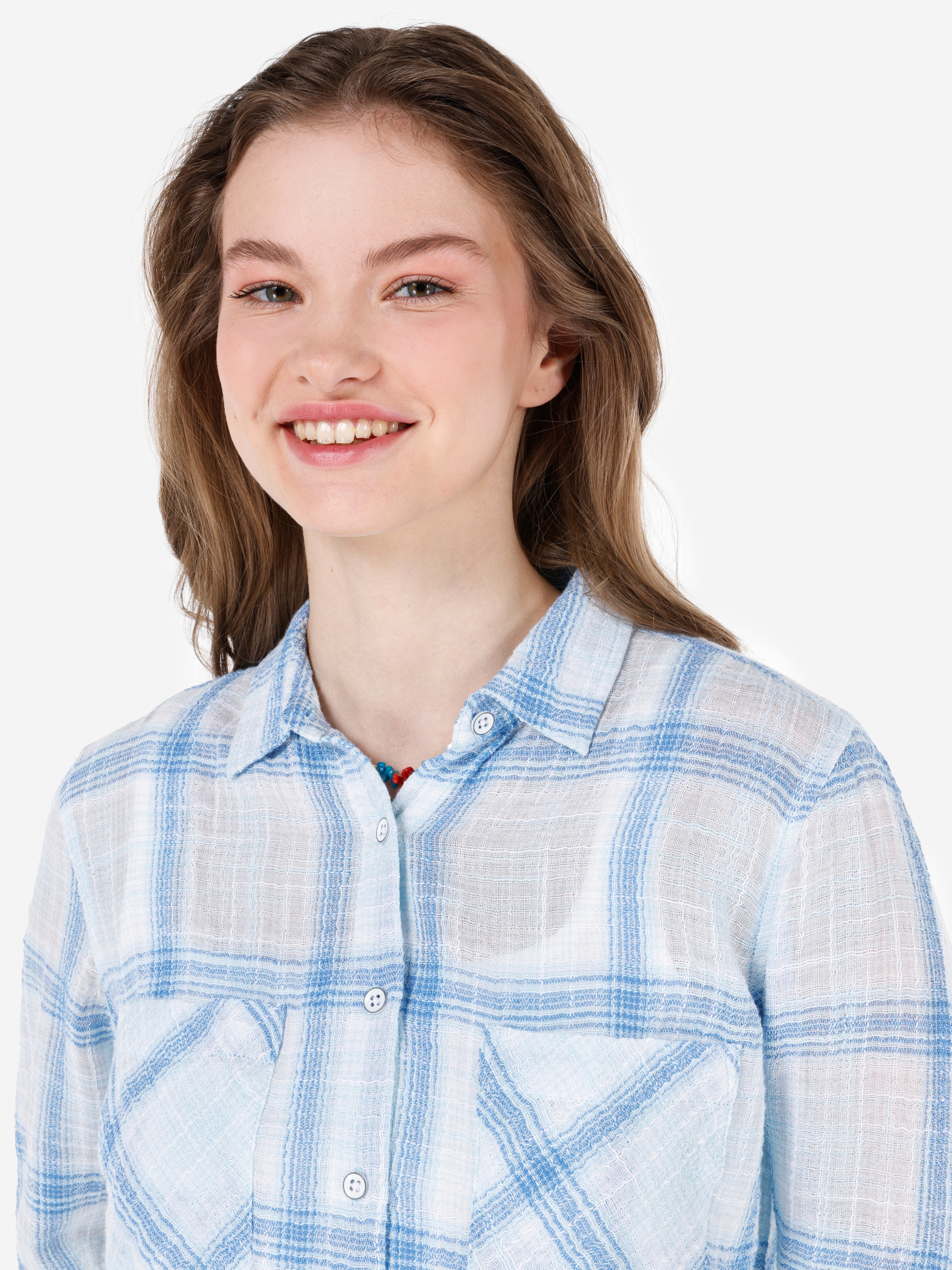 Normal Kesim Shirt Yaka Mavi Kadın Uzun Kol Gömlek