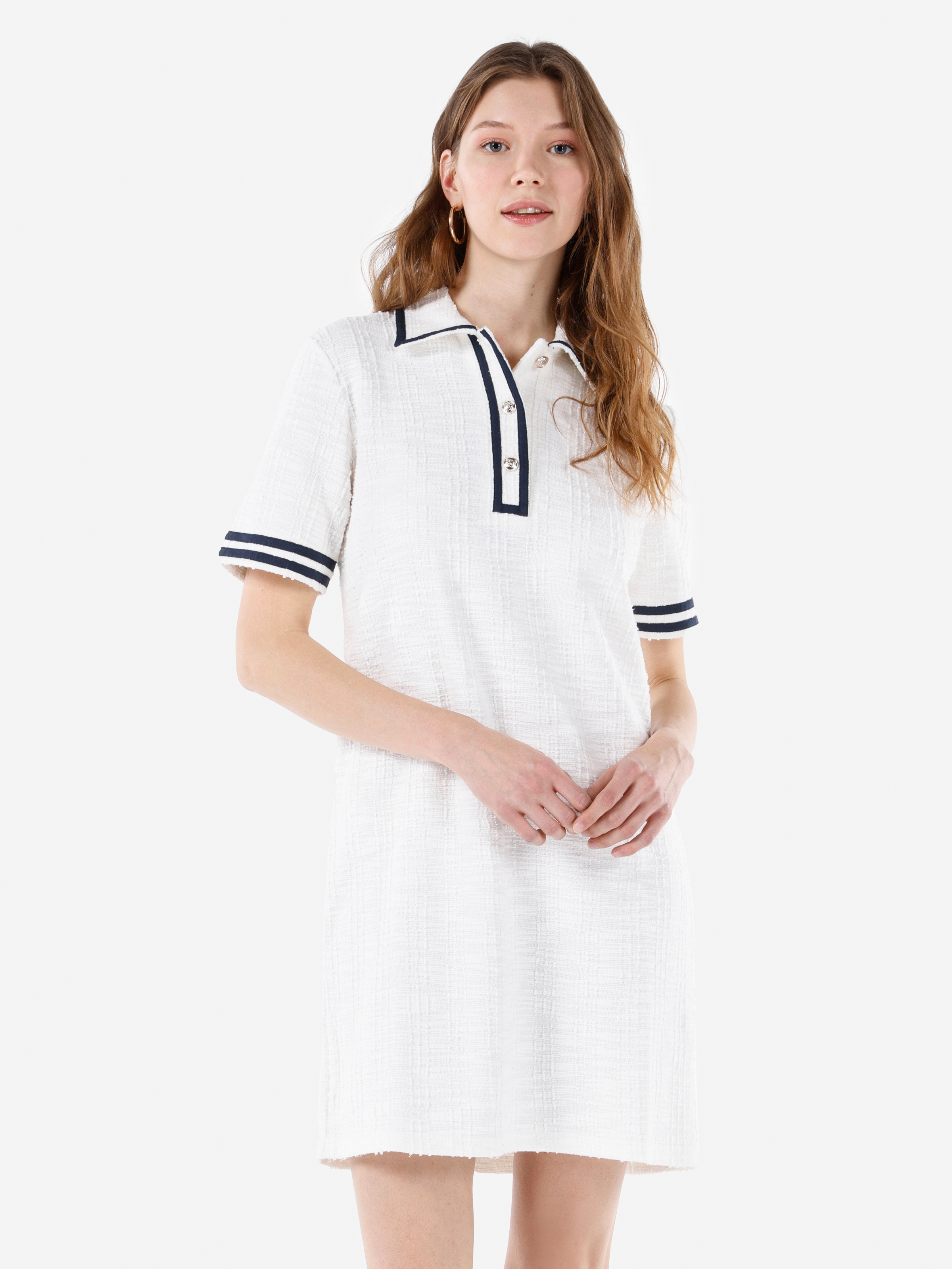 Normal Kesim Shirt Yaka Çizgili Beyaz Kadın Elbise Cl1068435
