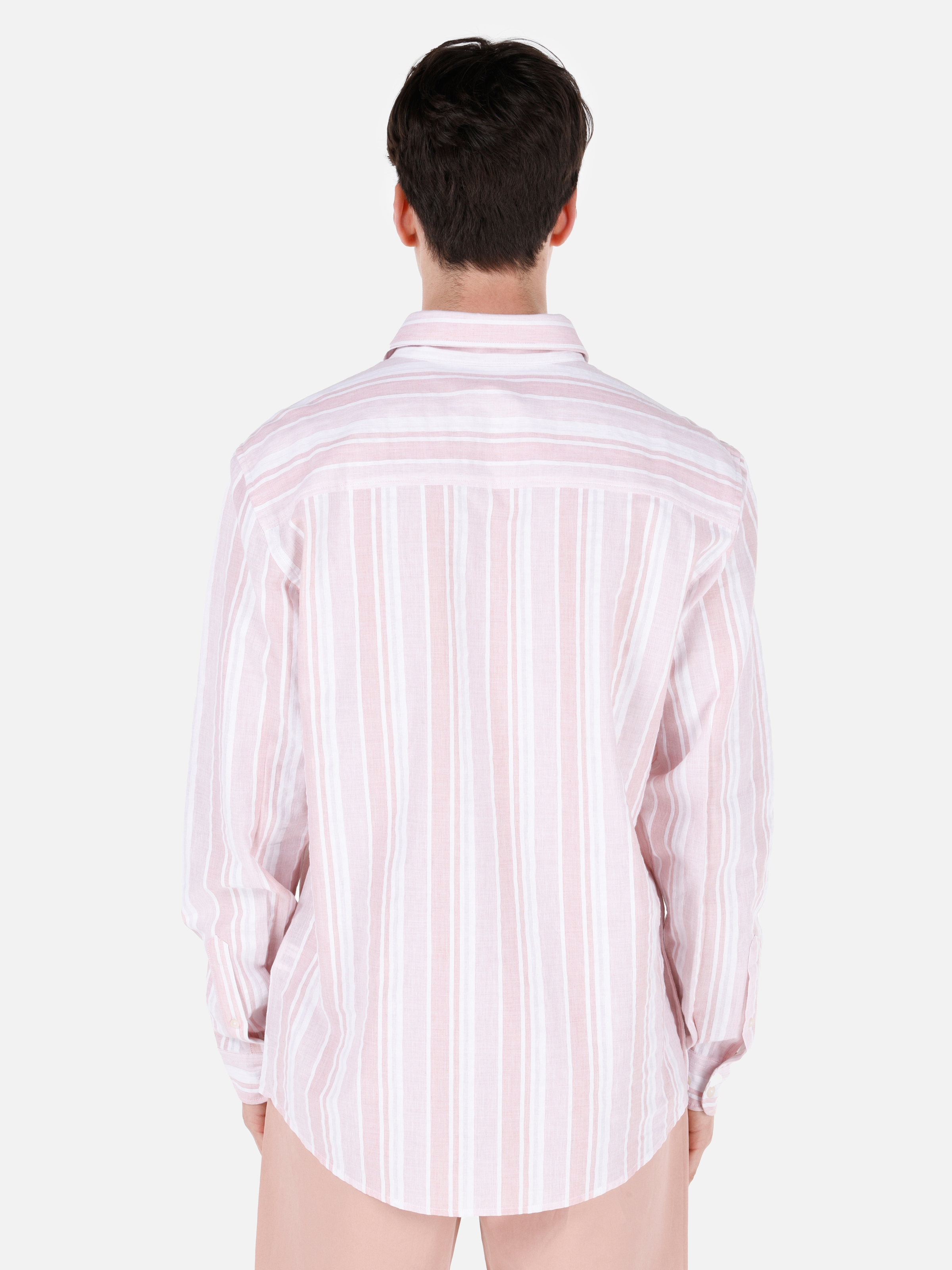 Regular Fit Shirt Yaka Desenli Pembe Erkek Uzun Kol Gömlek