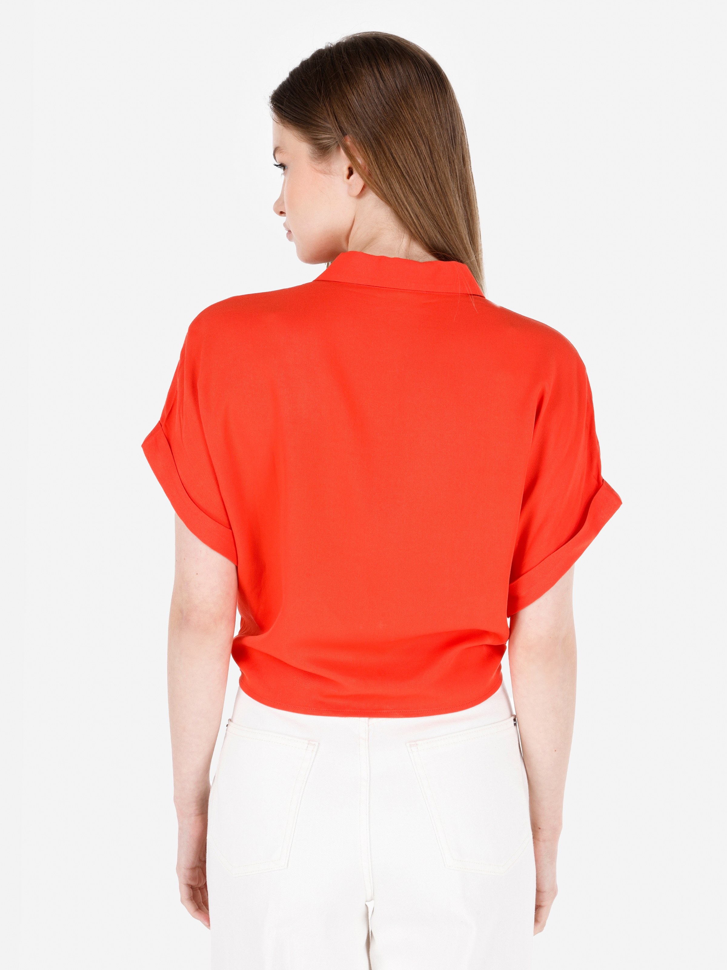 Normal Kesim Shirt Yaka Kırmızı Kadın Kısa Kol Gömlek