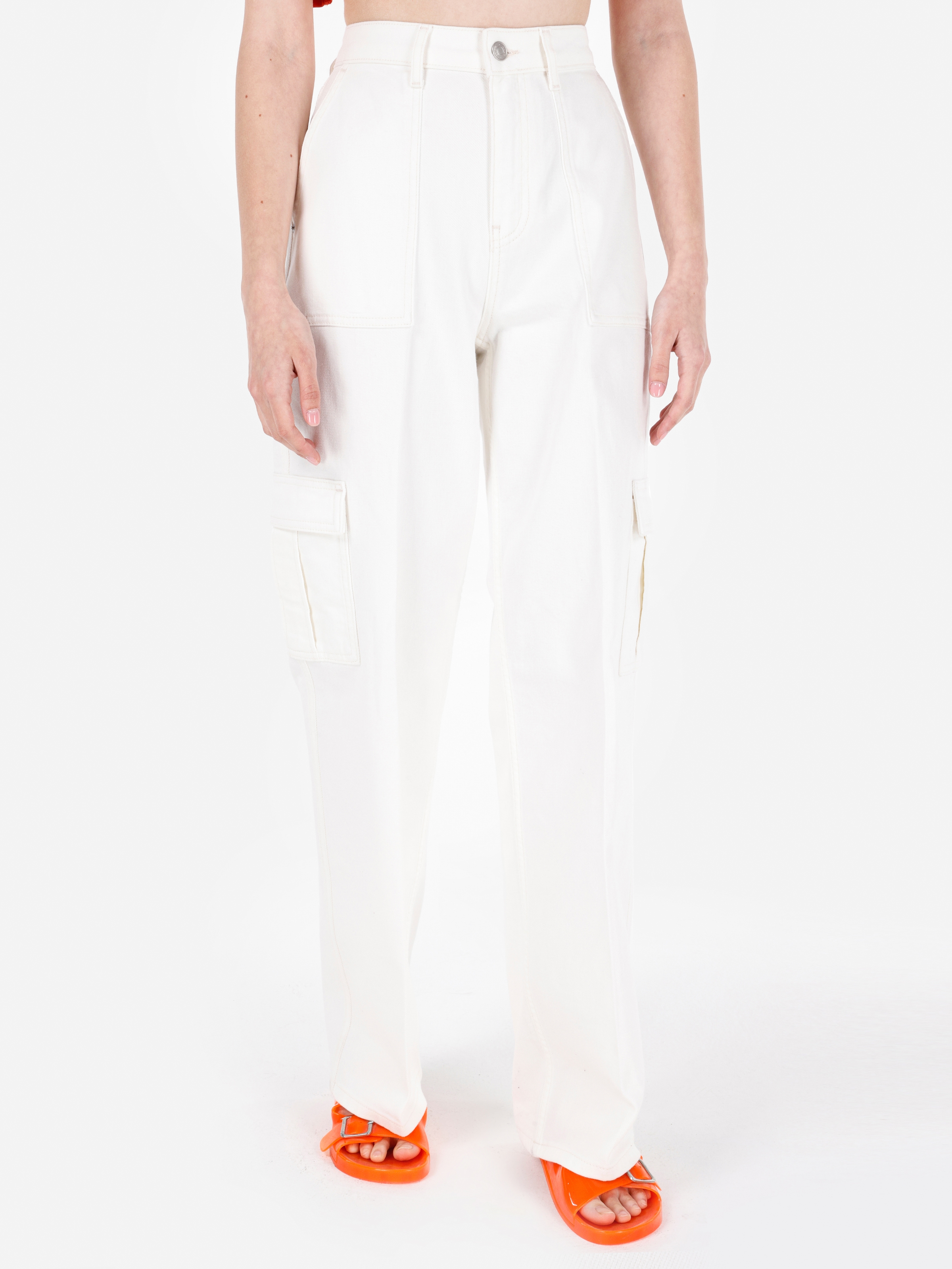 991 Aster Kargo Kesim Yüksek Bel Geniş Paça Beyaz Kadın Pantolon