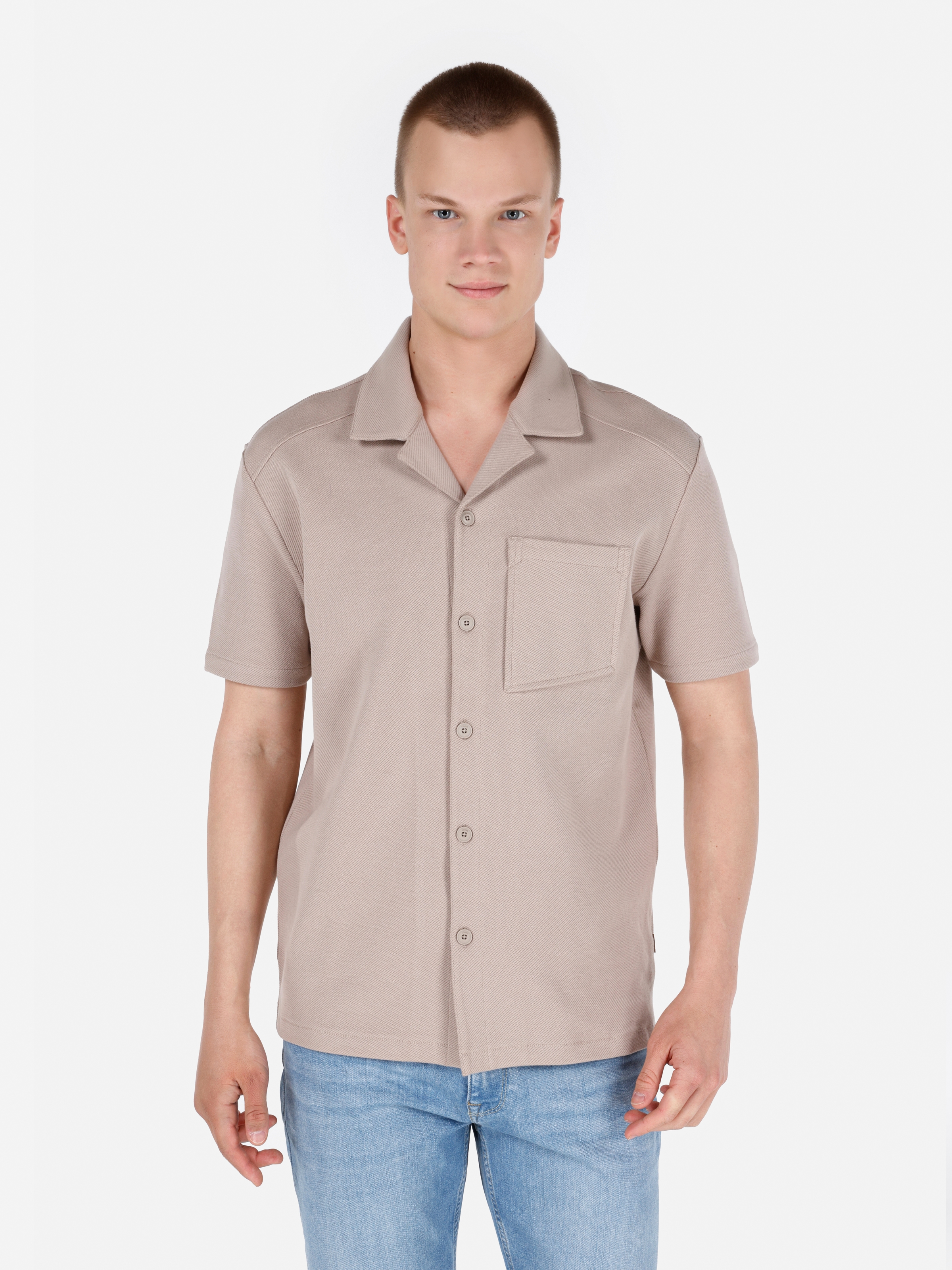 Normal Kesim Shirt Yaka Cepli Bej Erkek Kısa Kol Polo Tişört Cl1068826