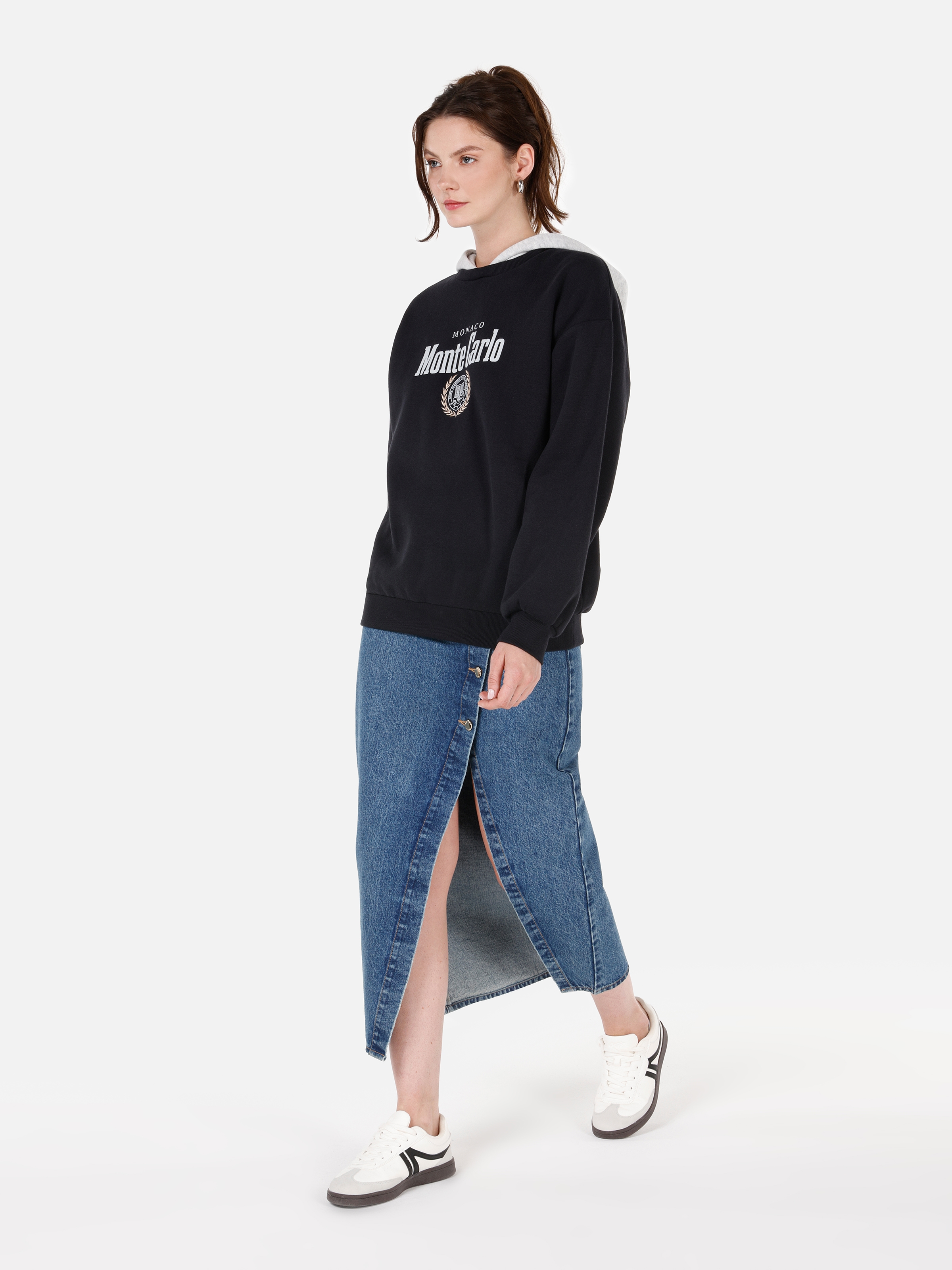 Normal Kesim Kapüşonlu Baskılı Lacivert Kadın Sweatshirt Cl1070504