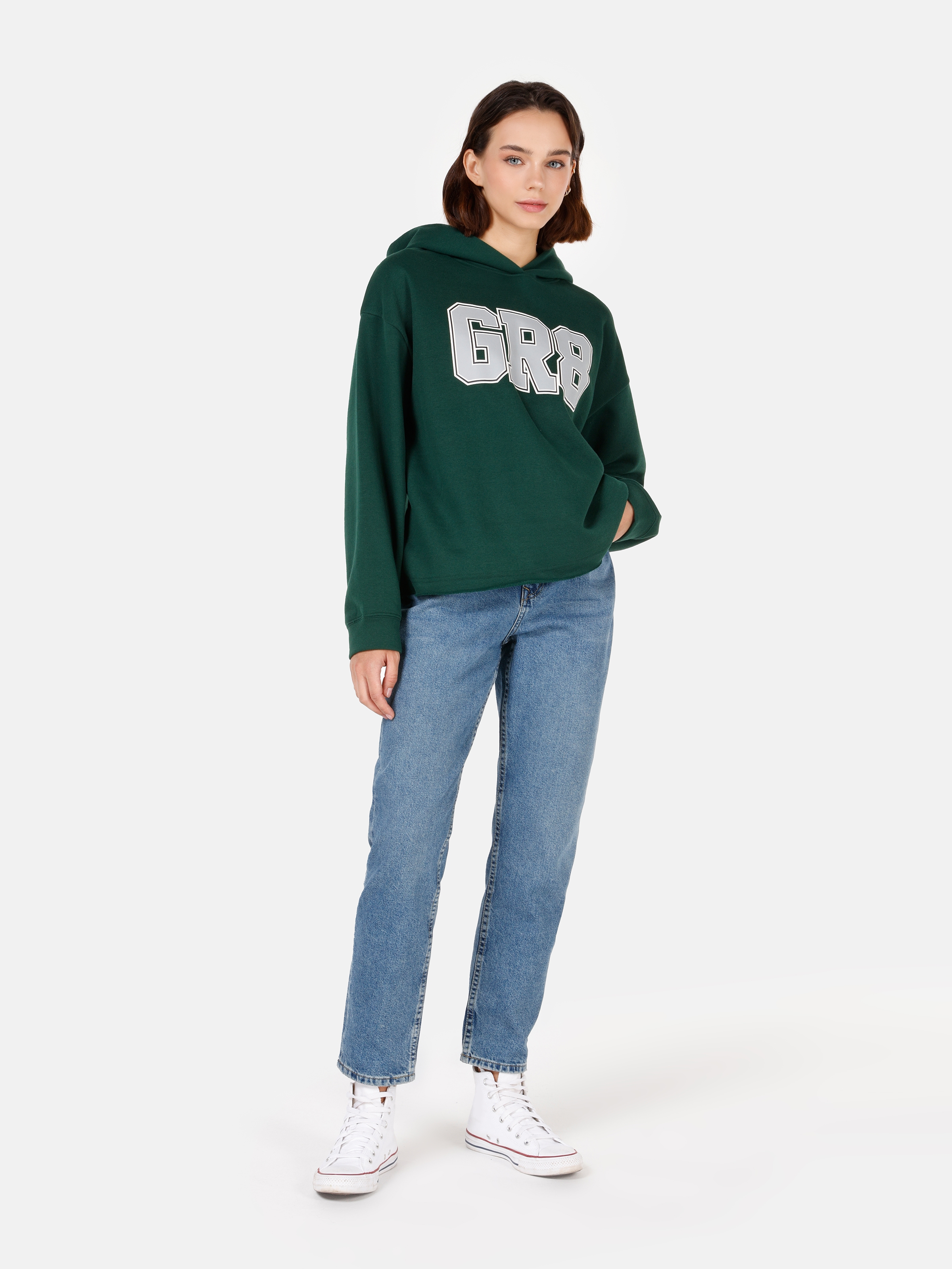 Normal Kesim Kapüşonlu Baskılı Yeşil Kadın Sweatshirt Cl1070247