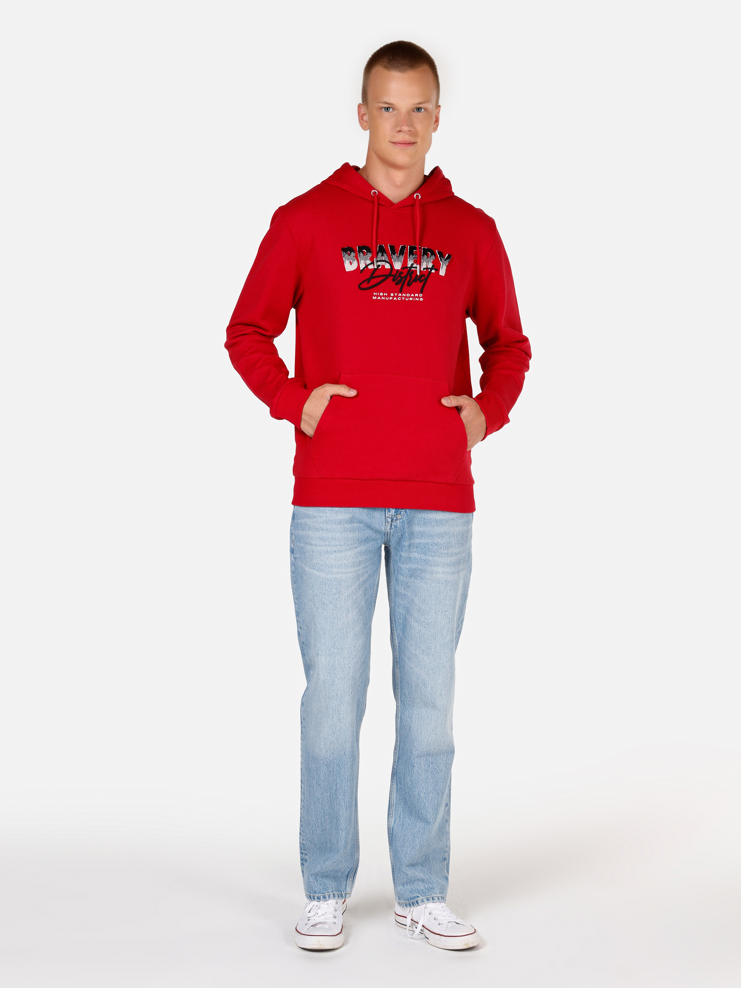 Normal Kesim Kapüşonlu Baskılı Kırmızı Erkek Sweatshirt Cl1070111