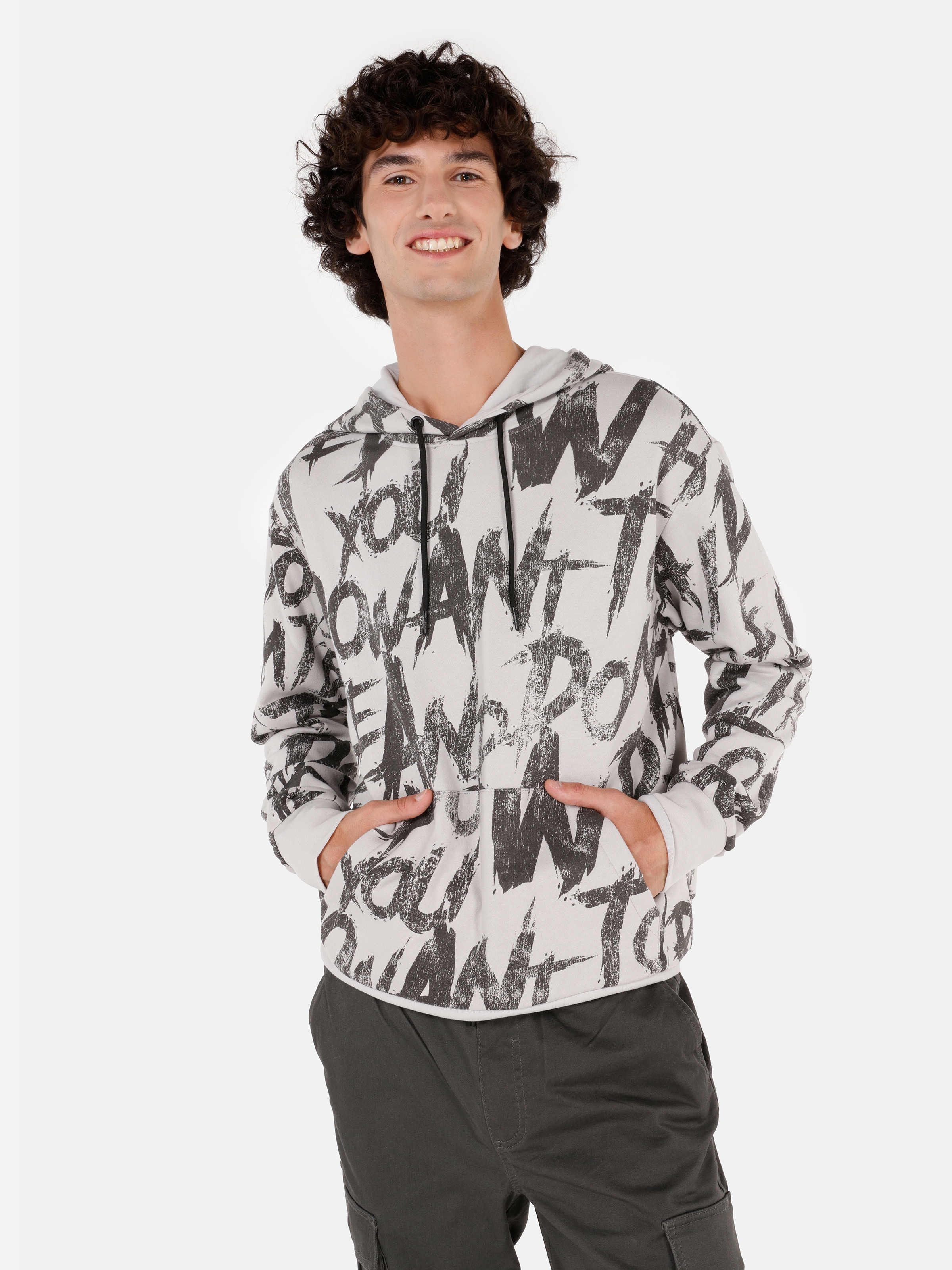 Normal Kesim Kapüşonlu Baskılı Gri Erkek Sweatshirt Cl1070908