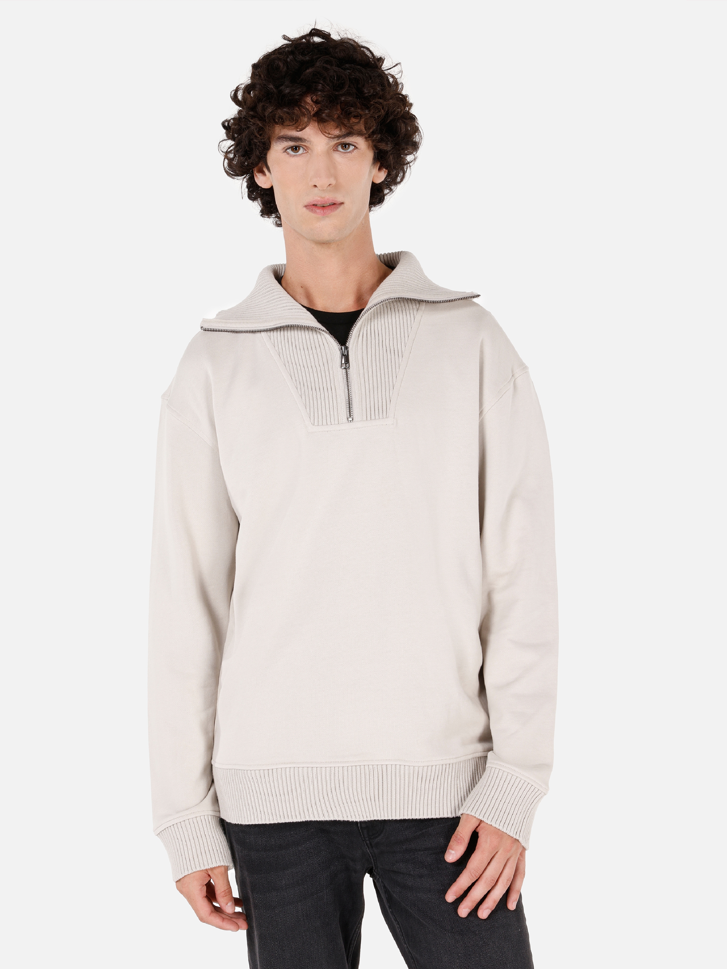 Normal Kesim Fermuarlı Dik Yaka Taş Erkek Sweatshirt Cl1071231