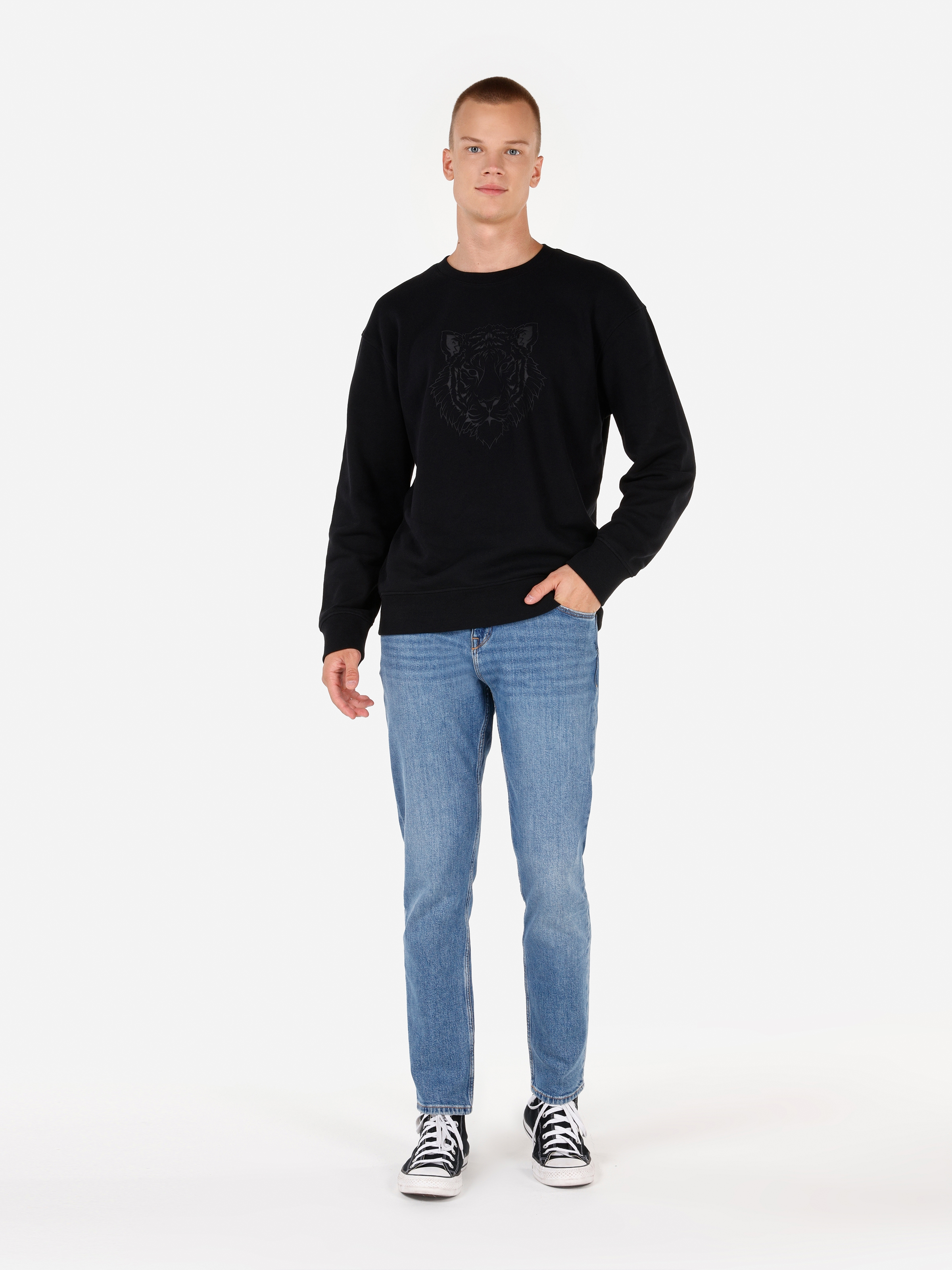 Normal Kesim Bisiklet Yaka Baskılı Siyah Erkek Sweatshirt Cl1070163