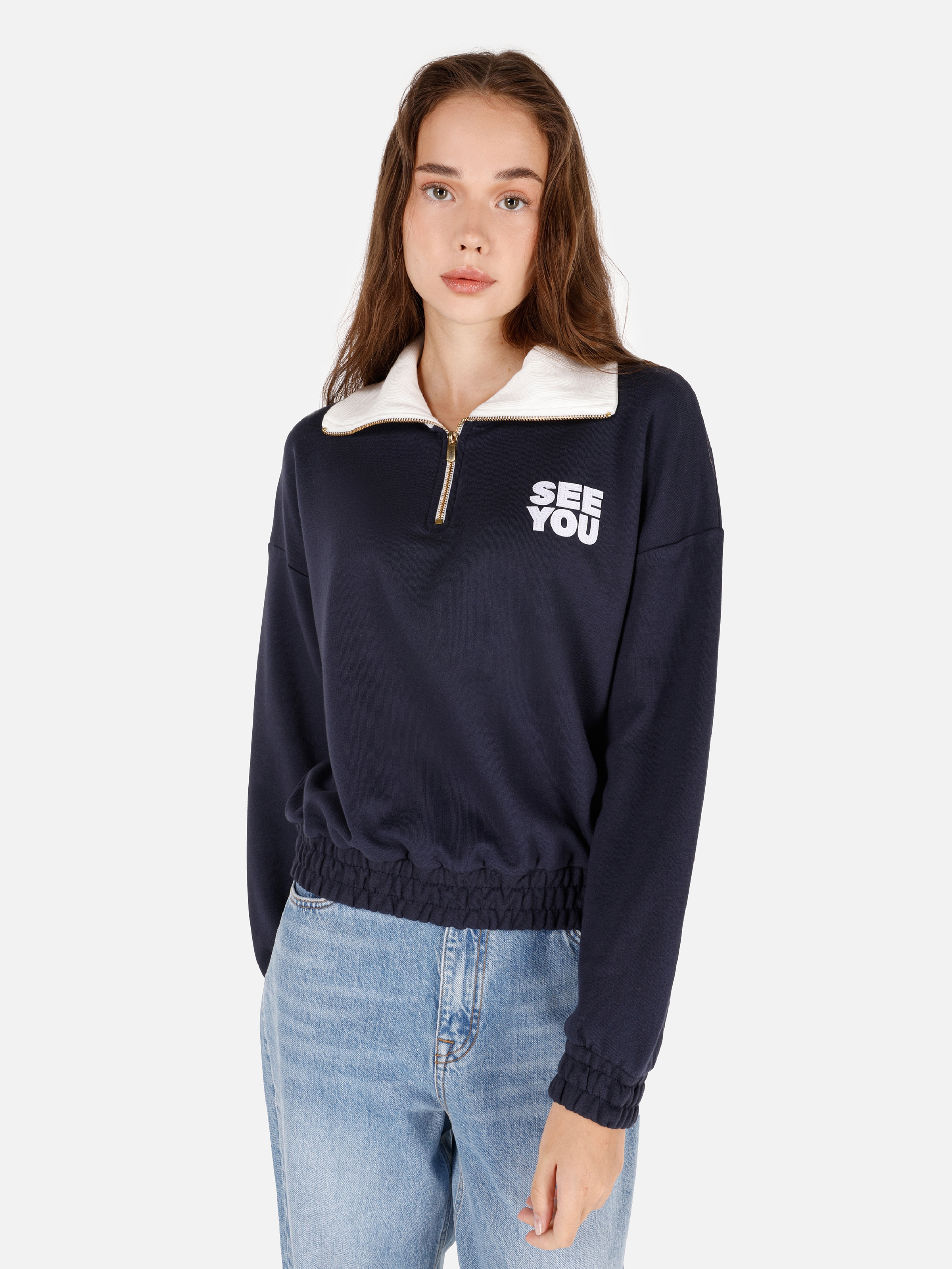 Normal Kesim Fermuarlı Dik Yaka Baskılı Lacivert Kadın Sweatshirt Cl1069985