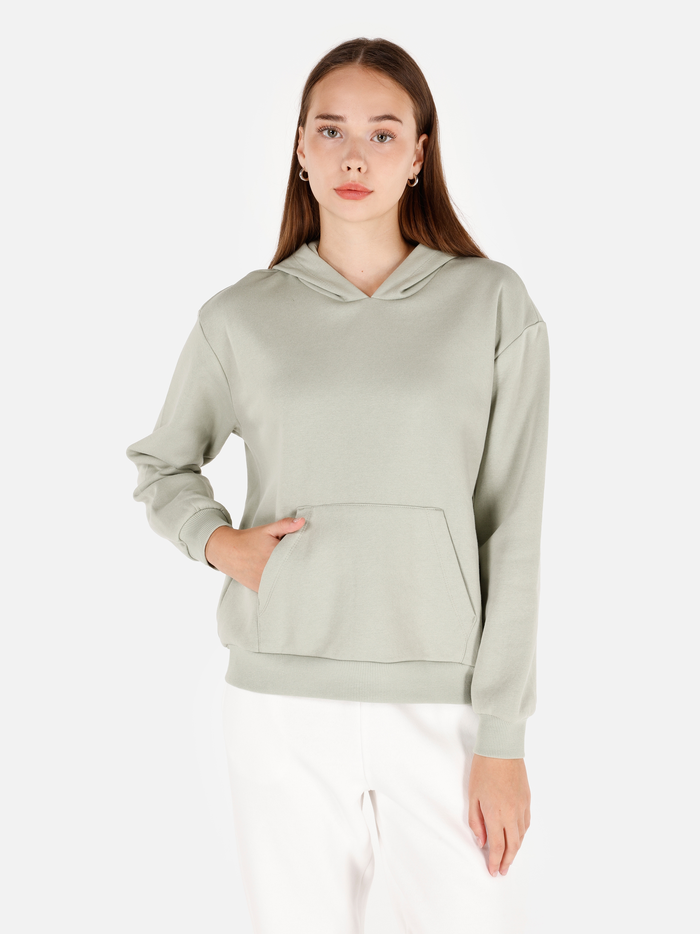 Normal Kesim Kapüşonlu Cepli Yeşil Kadın Sweatshirt Cl1070188