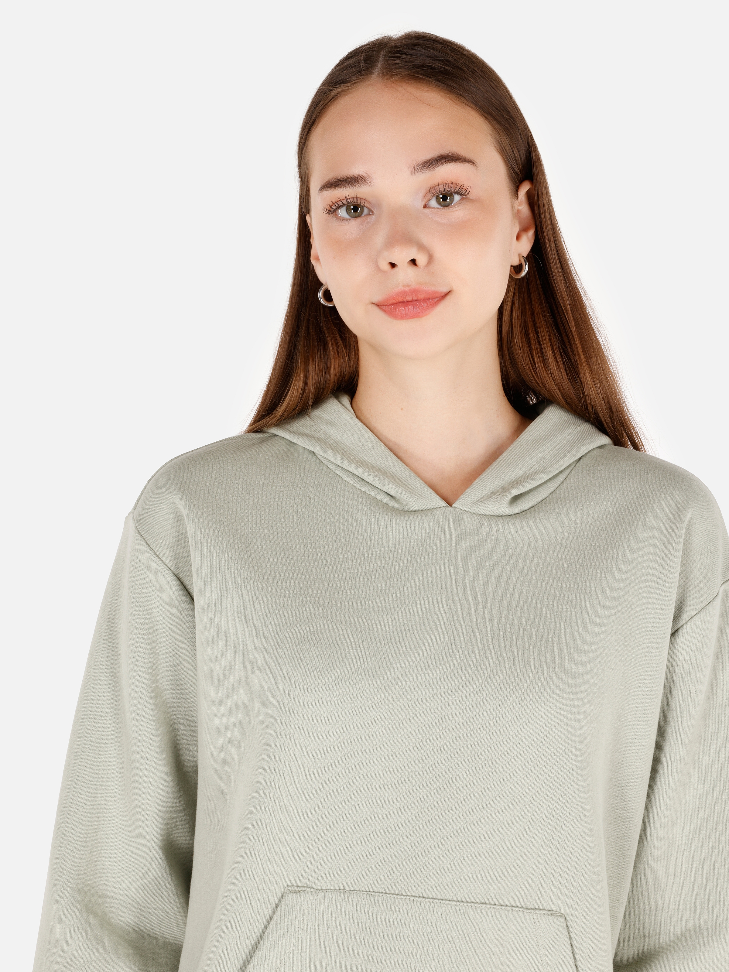 Normal Kesim Kapüşonlu Cepli Yeşil Kadın Sweatshirt Cl1070188