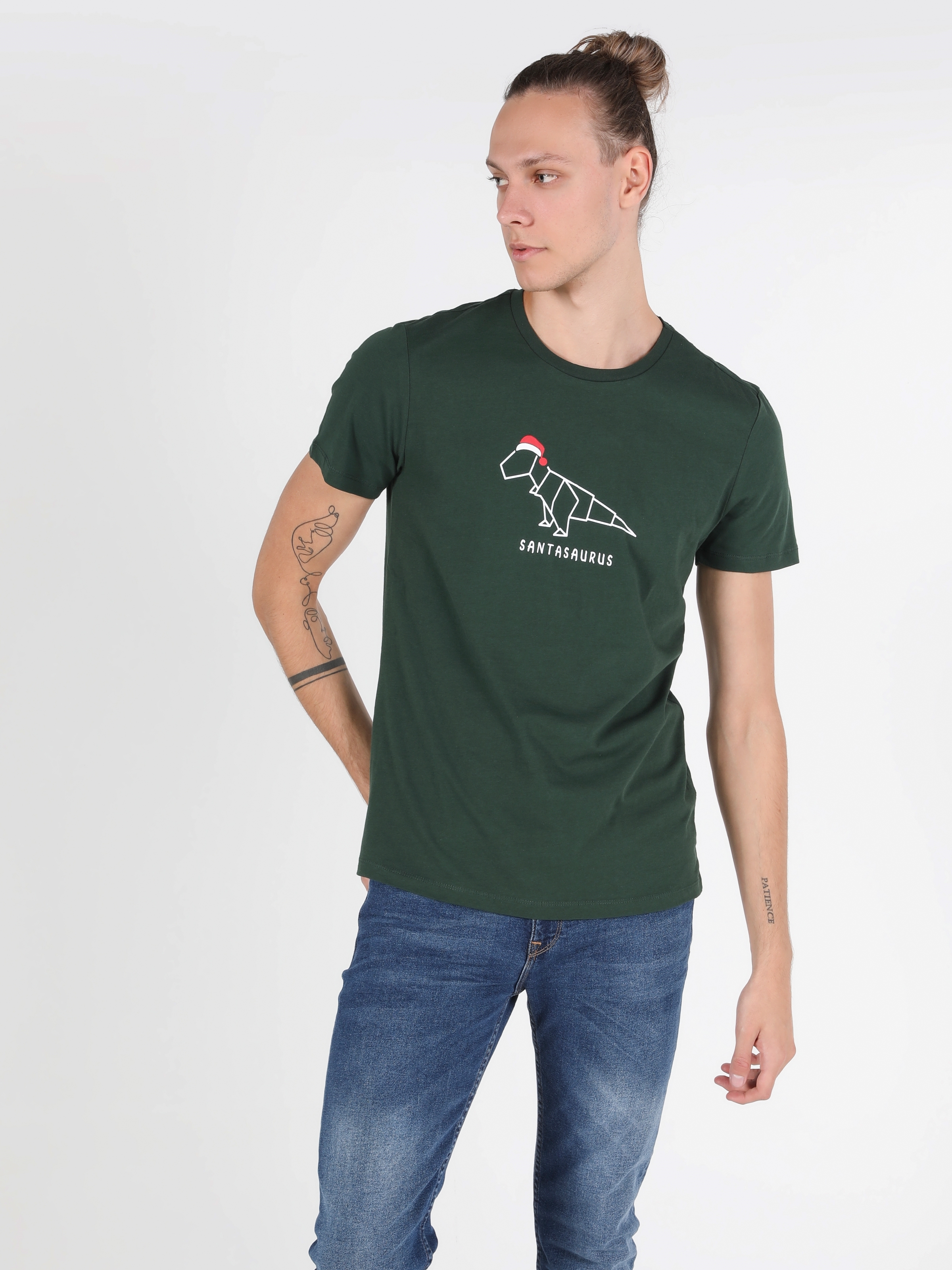 Regular Fit Bisiklet Yaka Örme Erkek Yeşil Kısa Kol Tişört