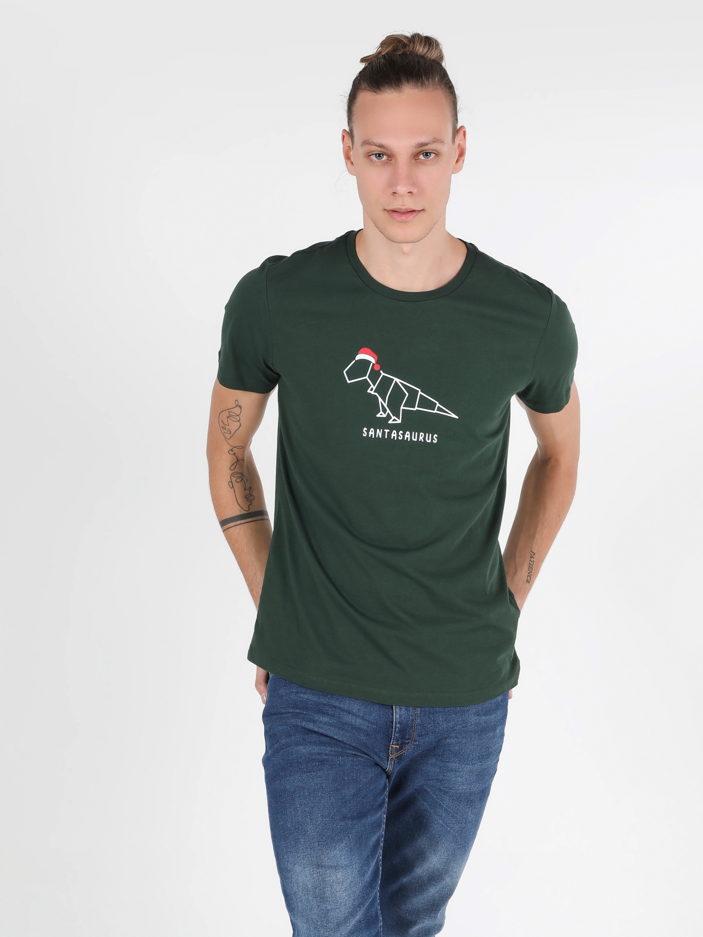 Regular Fit Bisiklet Yaka Örme Erkek Yeşil Kısa Kol Tişört