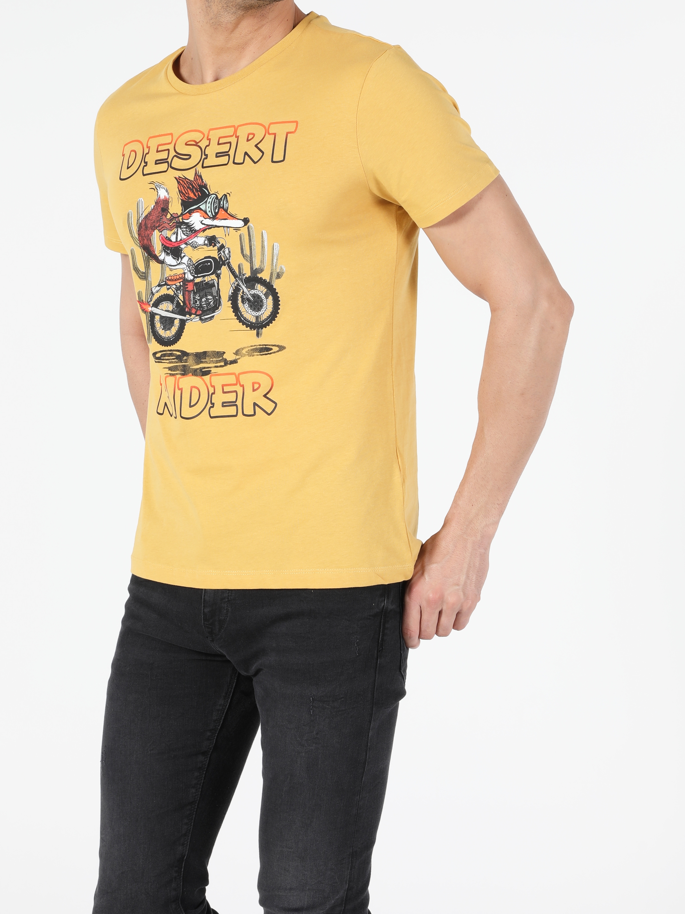 Regular Fit Bisiklet Yaka Örme Erkek Sarı Kısa Kol Tişört