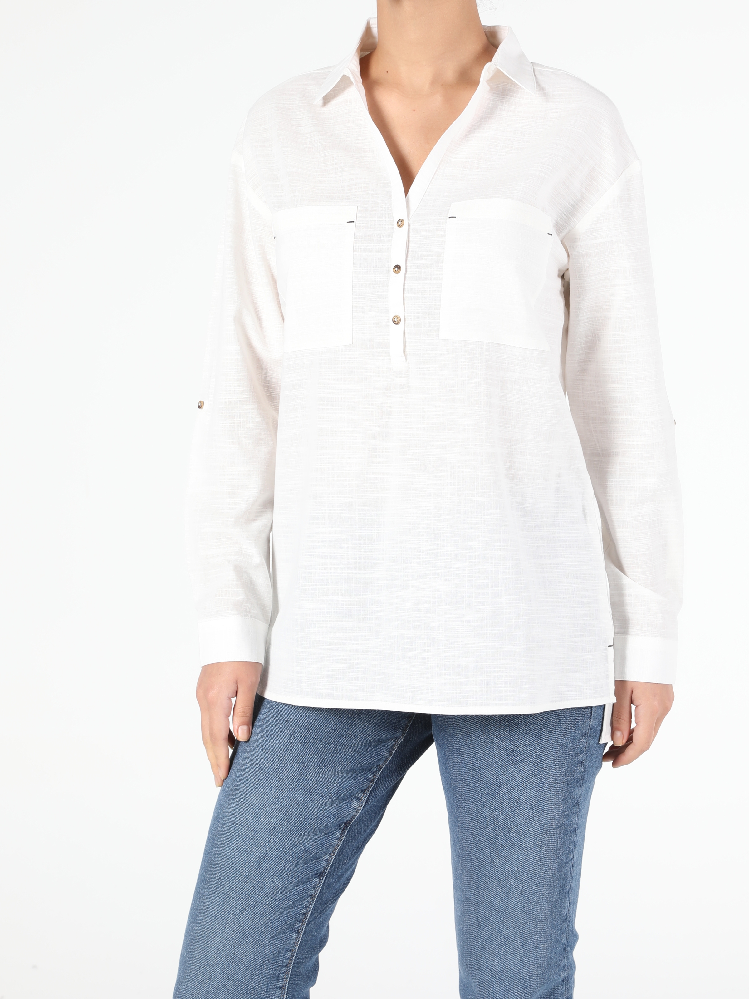 Colins Whıte Woman Long Sleeve Blouse. 2