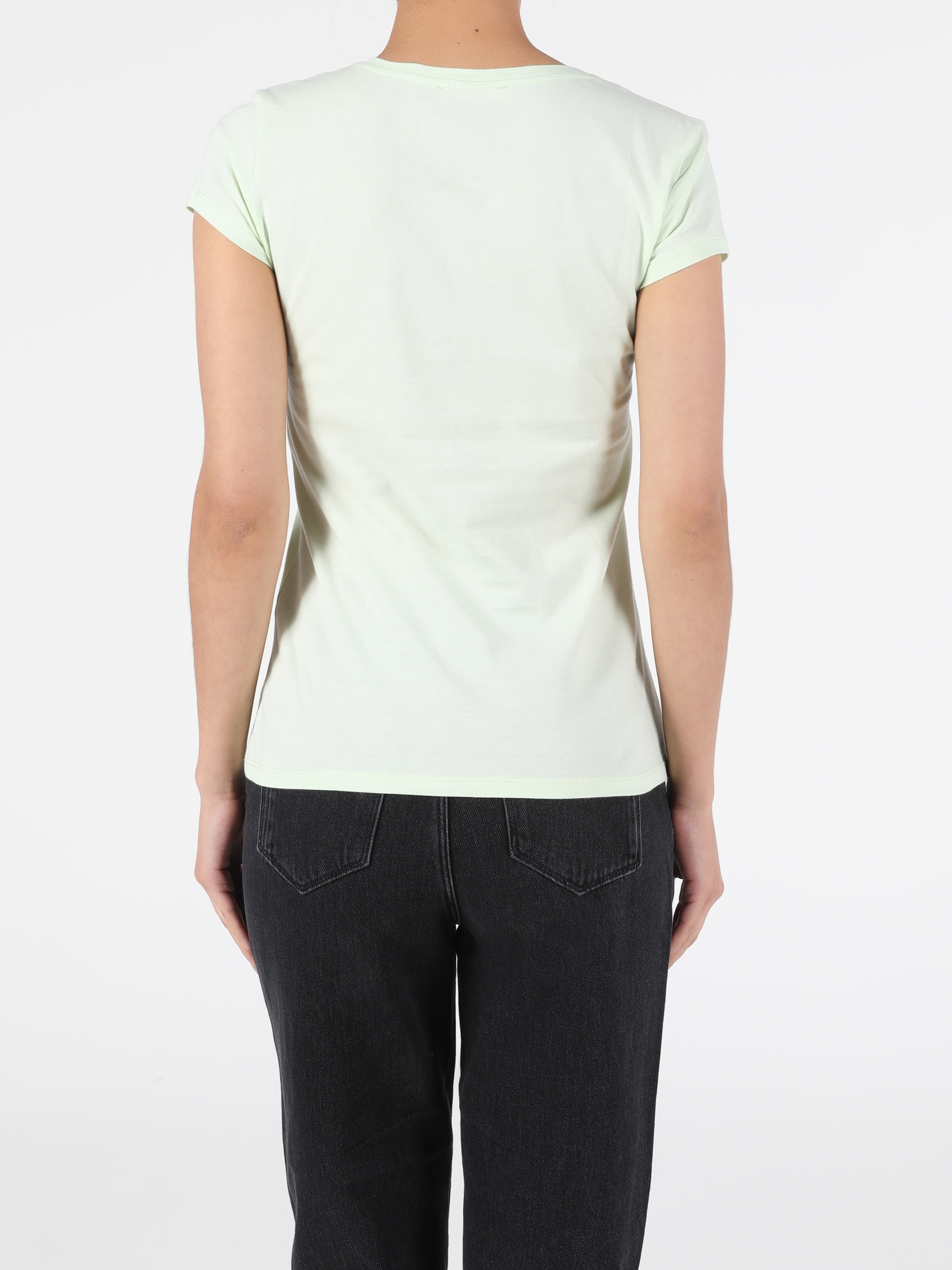 Slim Fit Bisiklet Yaka Örme Kadın Mint Yeşili Kısa Kol Tişört