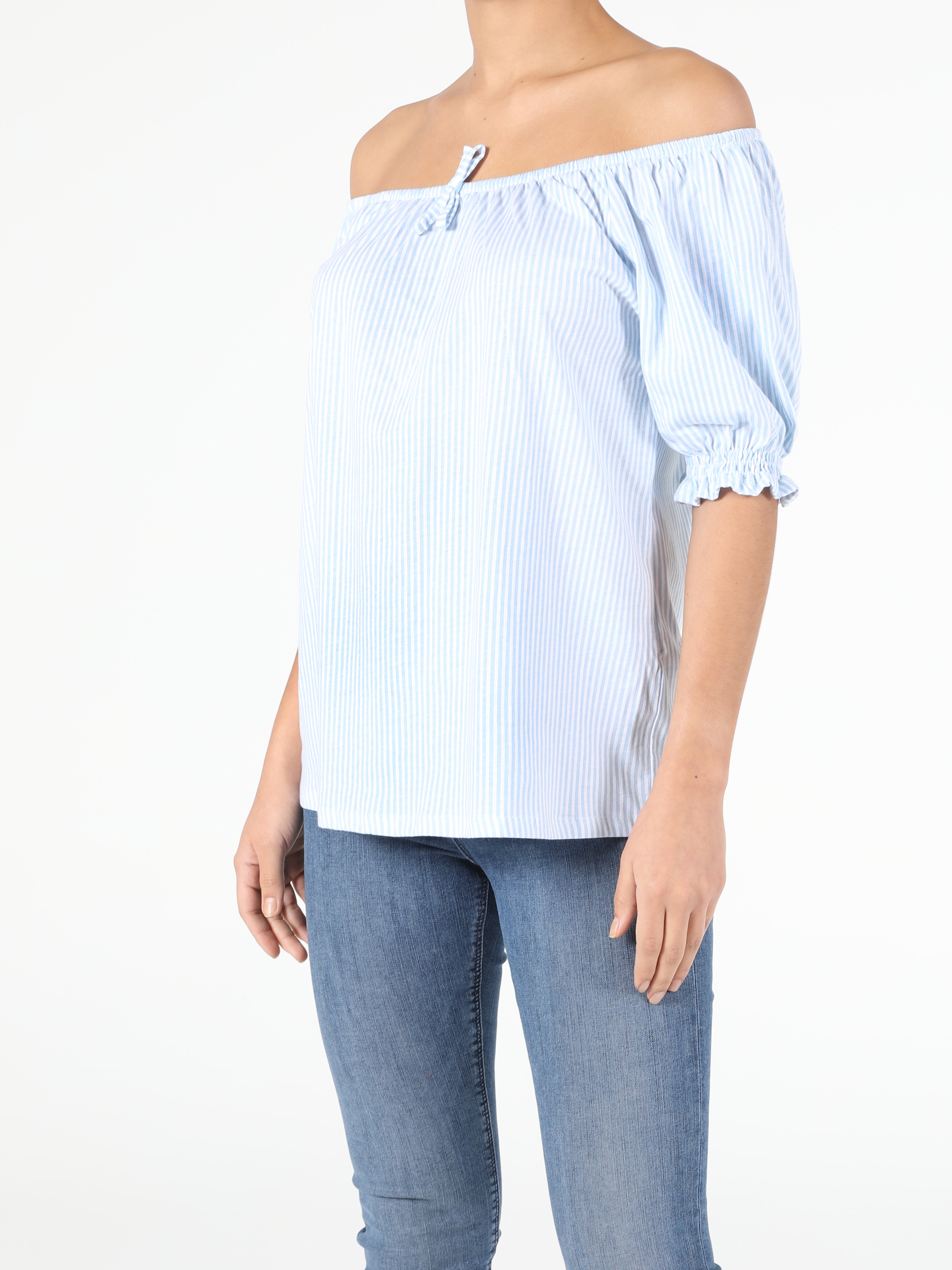 Comfort Fit Kayik Örme Kadın Mavi Kısa Kol Tişört