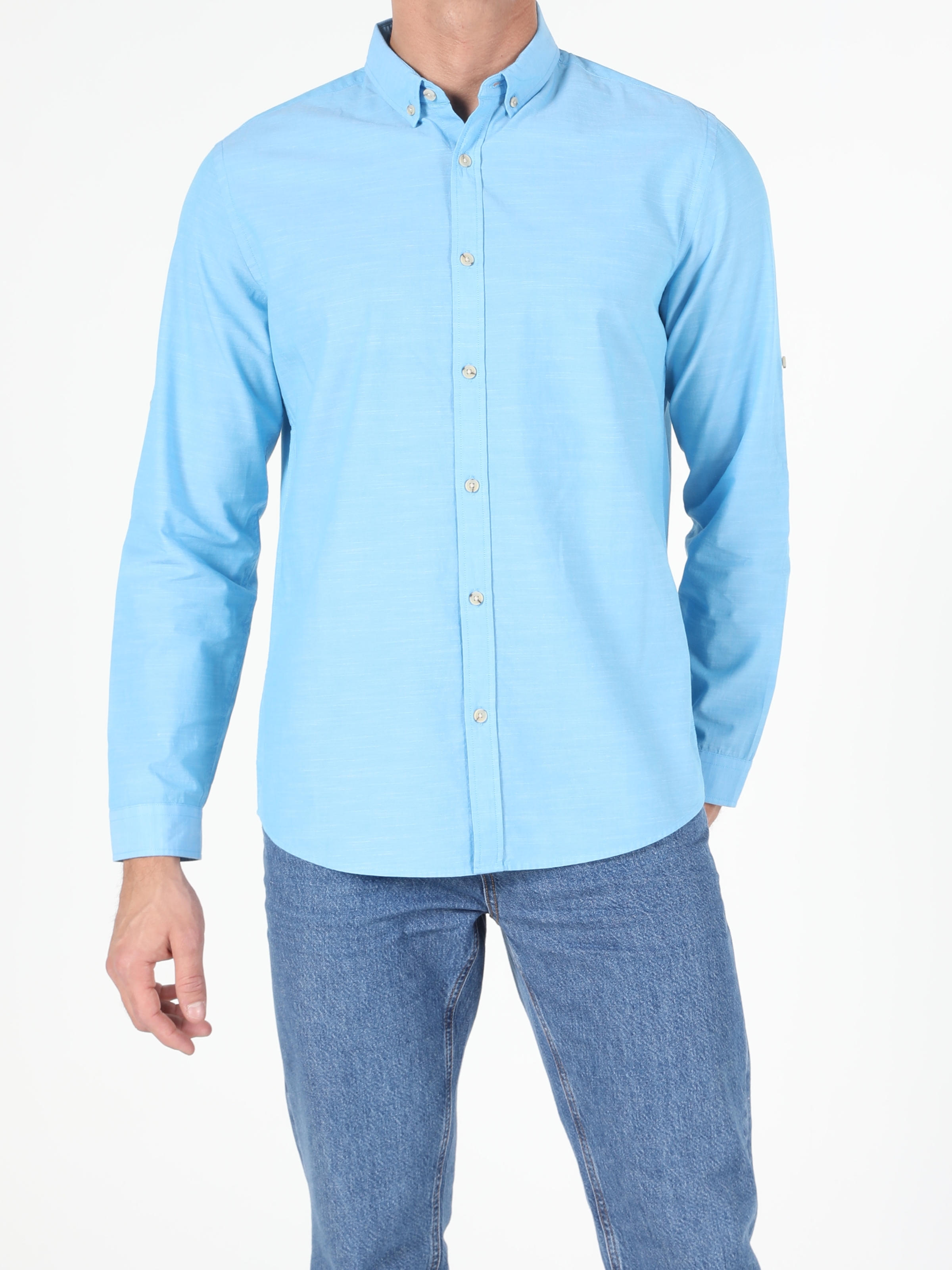  Regular Fit Shirt Neck Erkek Açık Mavi Uzun Kol Gömlek