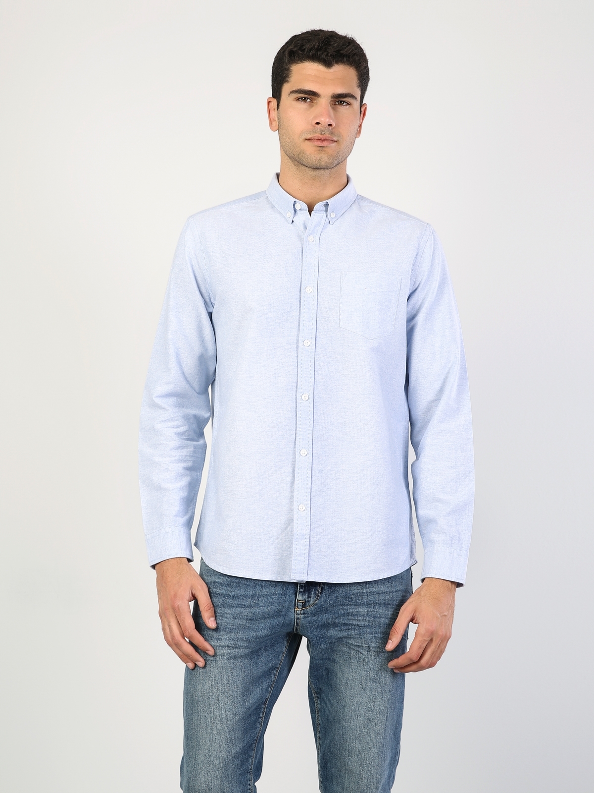  Regular Fit Shirt Neck Erkek Mavi Uzun Kol Gömlek