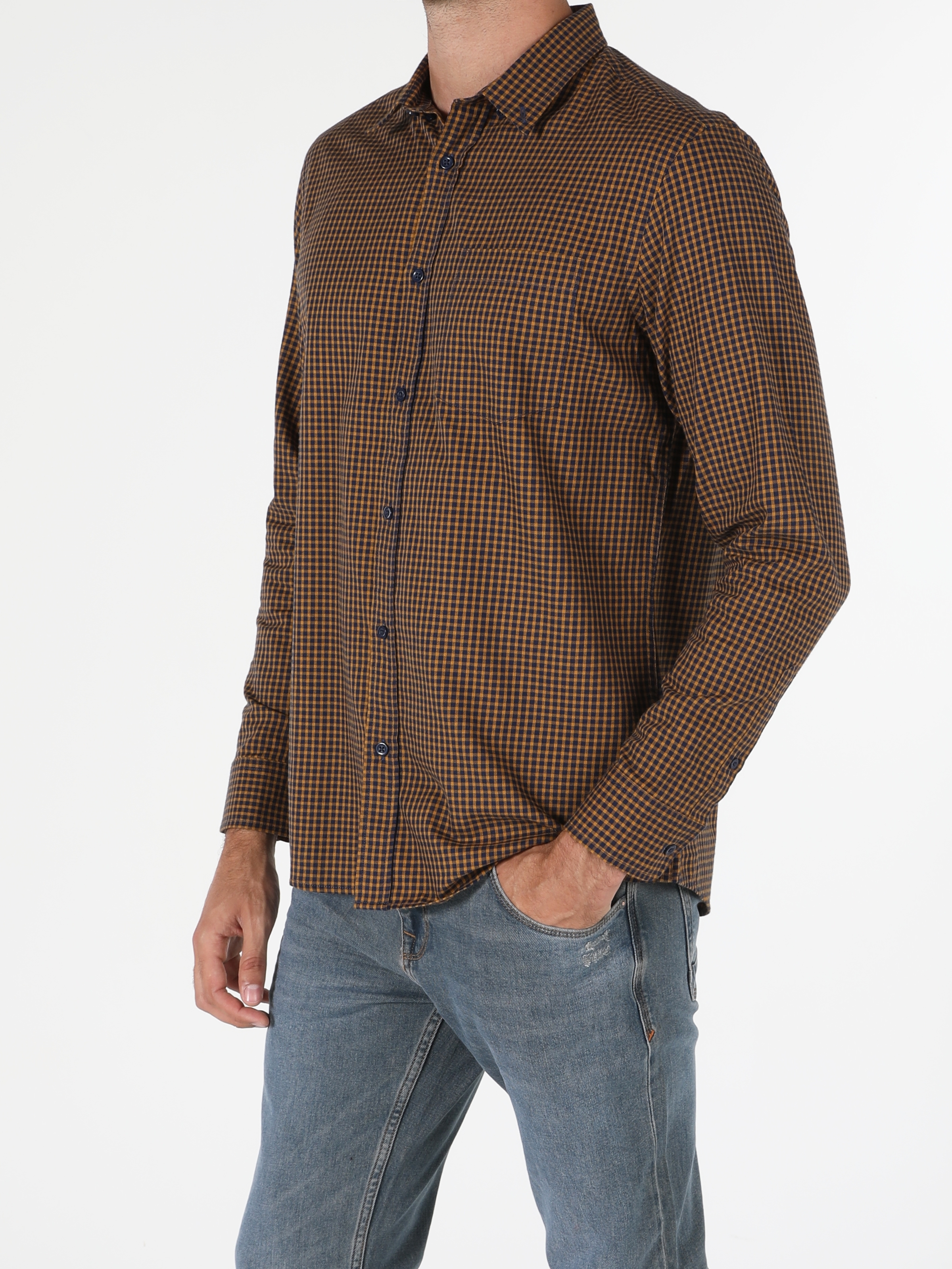  Regular Fit Shirt Neck Erkek Safran Uzun Kol Gömlek
