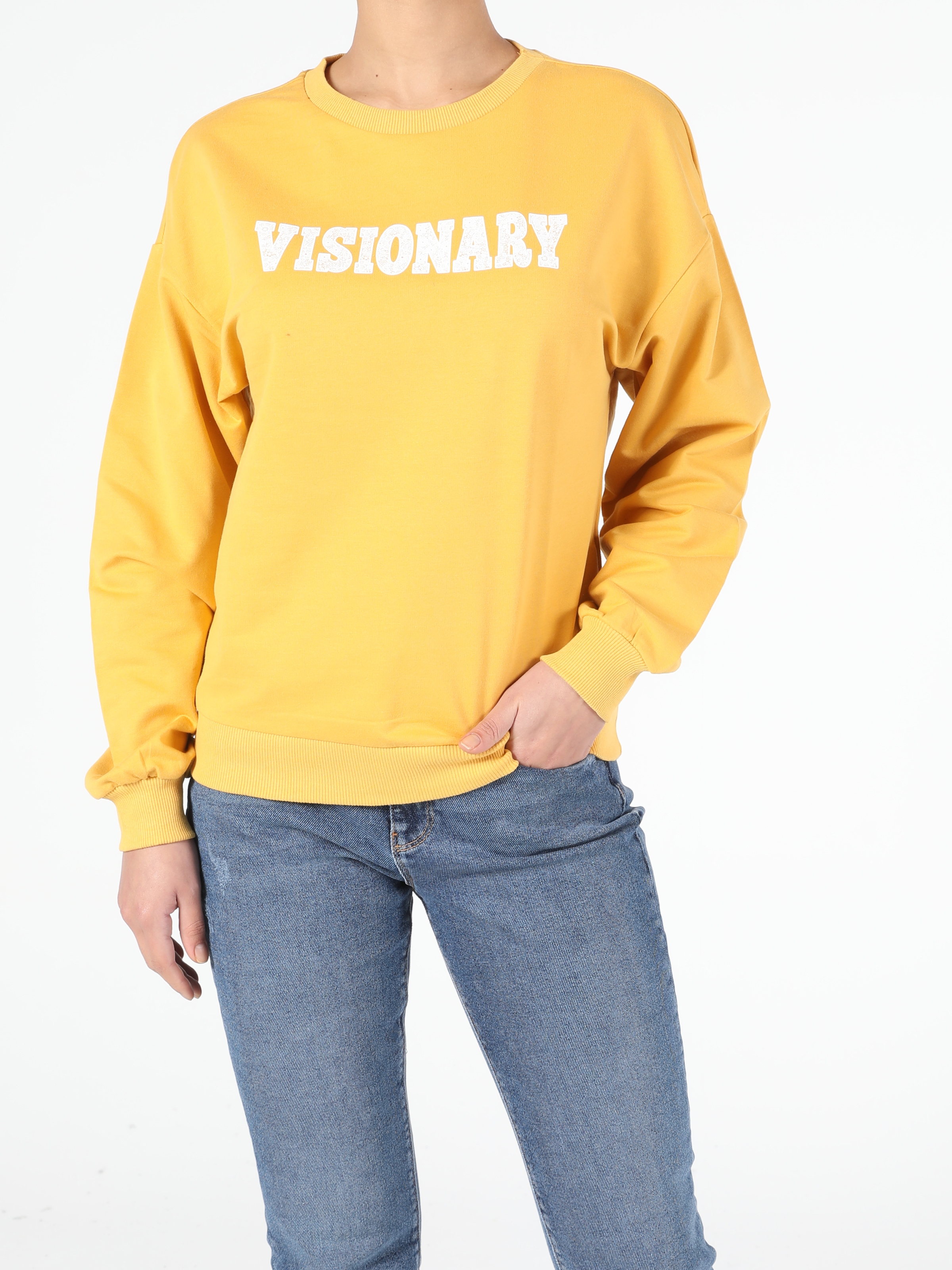Regular Fit Yazı Detaylı Sarı Kadın Sweatshirt