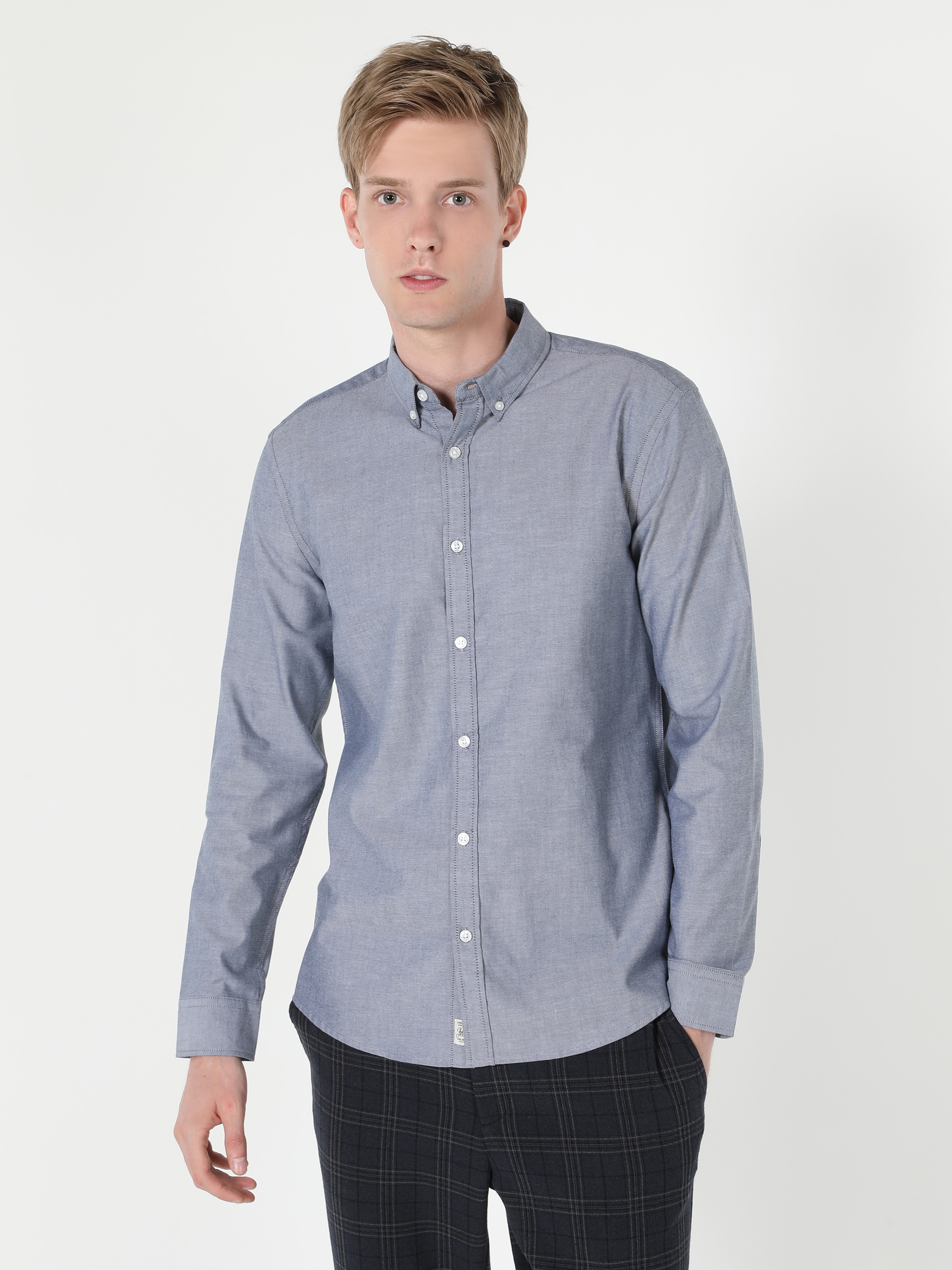 Colins Slim Fit Shirt Neck Erkek Antrasit Uzun Kol Gömlek. 1