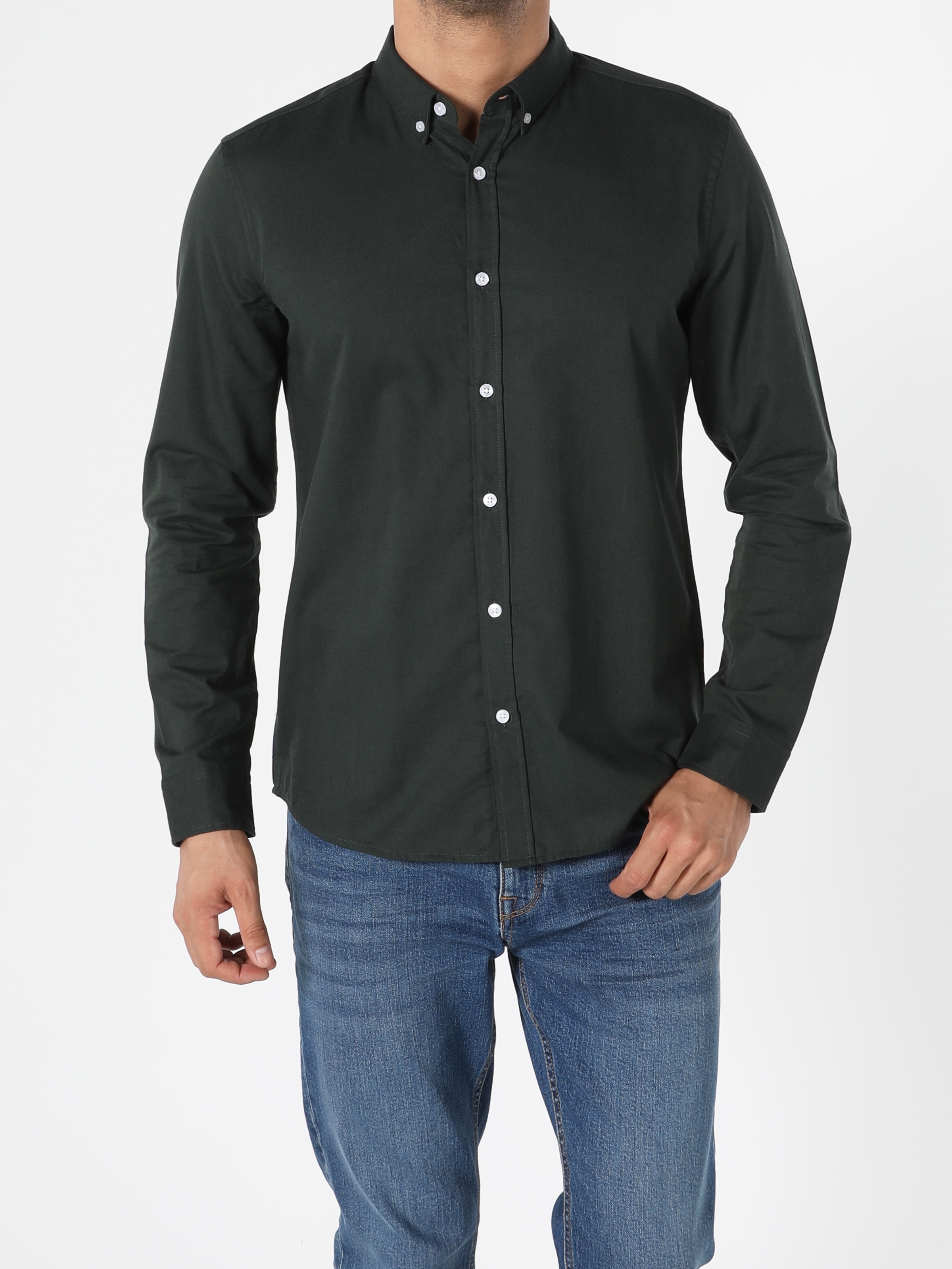 Slim Fit Shirt Neck Erkek Haki Uzun Kol Gömlek Cl1048576