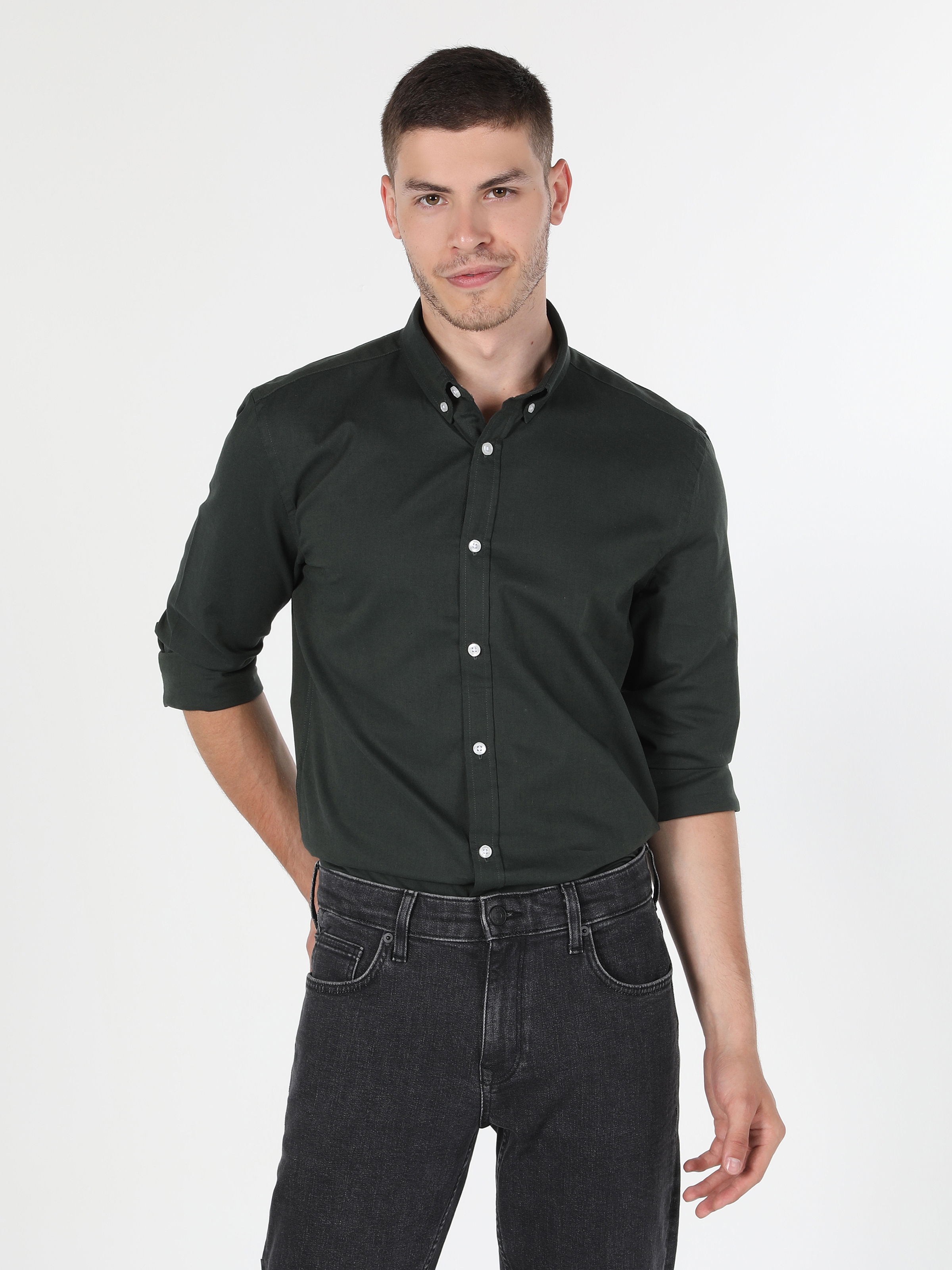 Slim Fit Shirt Neck Erkek Haki Uzun Kol Gömlek Cl1048576