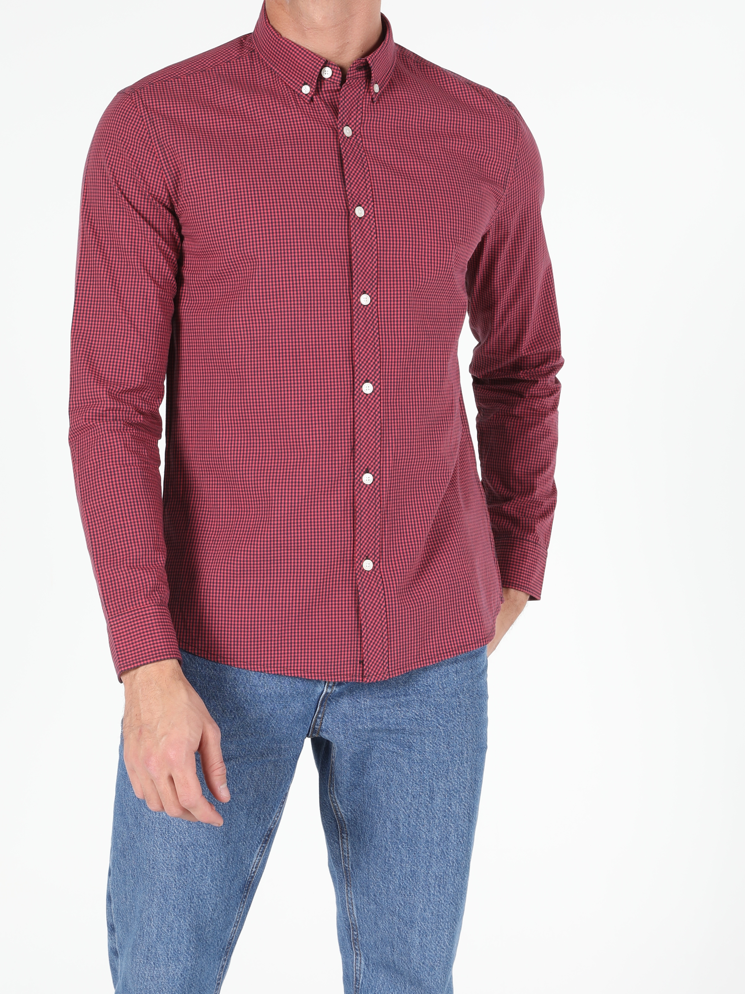 Slim Fit Shirt Neck Erkek Kırmızı Uzun Kol Gömlek