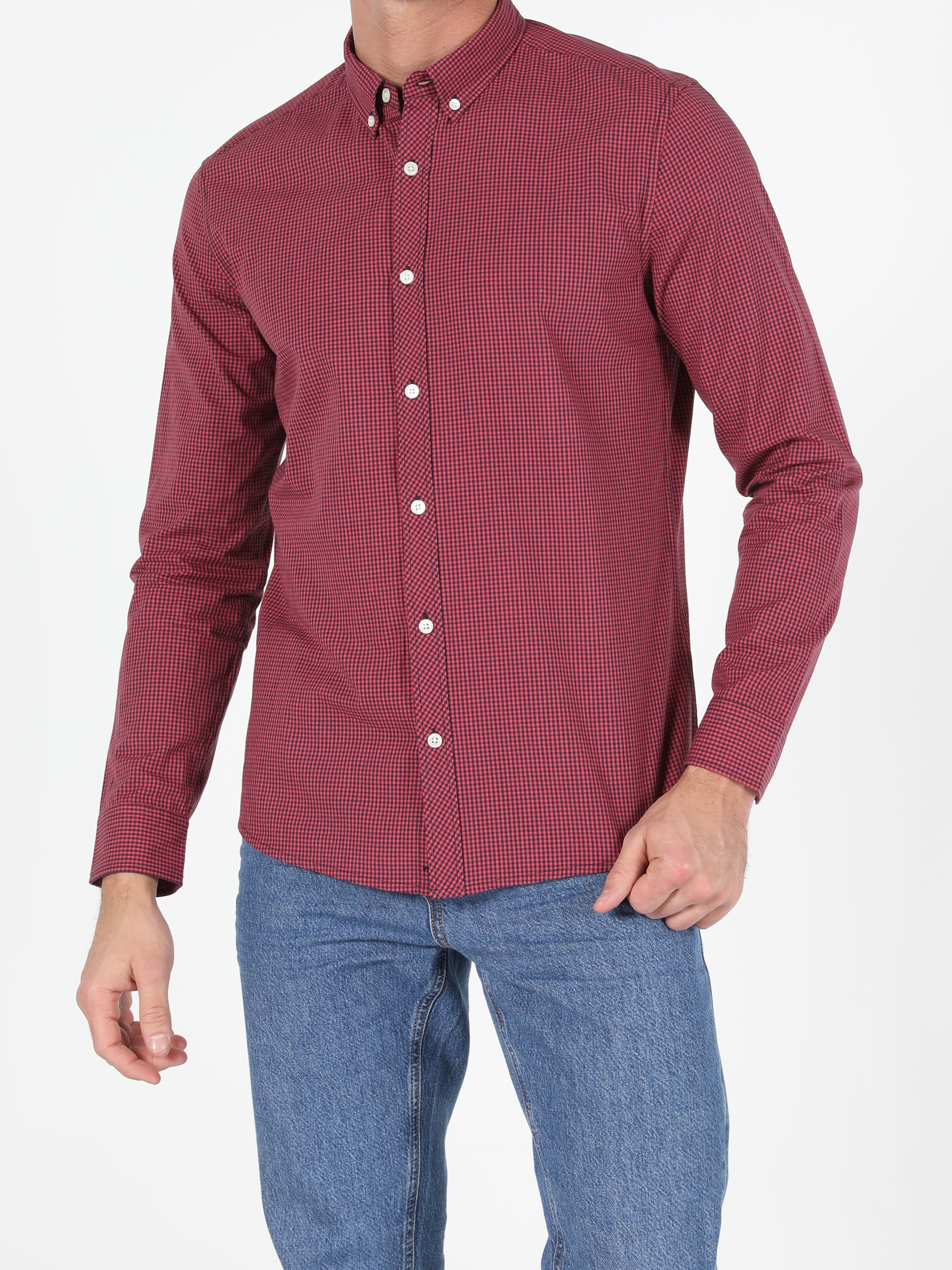 Slim Fit Shirt Neck Erkek Kırmızı Uzun Kol Gömlek
