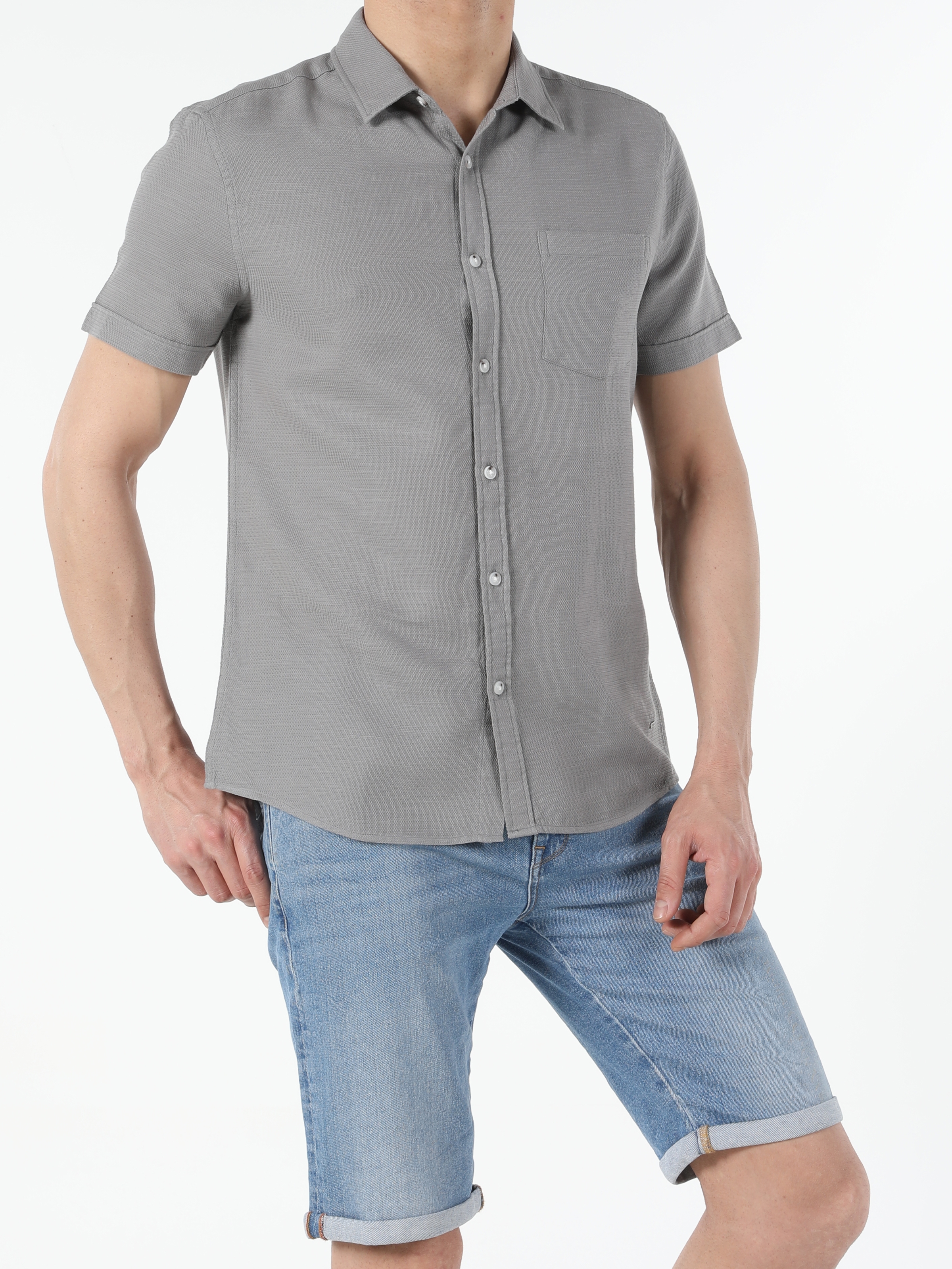 Slim Fit Shirt Neck Erkek Kısa Kol Gömlek