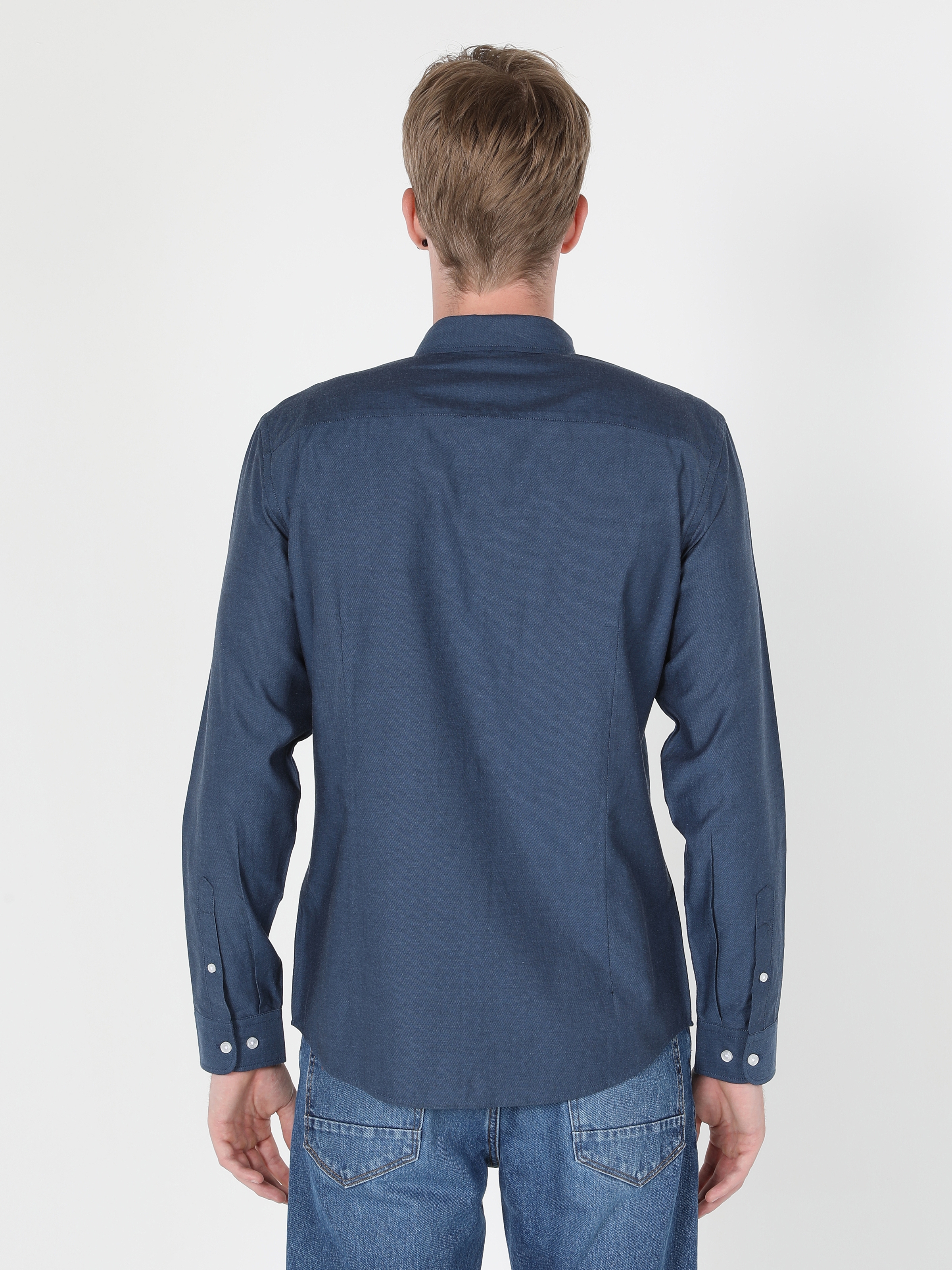 Slim Fit Shirt Neck Erkek Lacivert Uzun Kol Gömlek Cl1048576