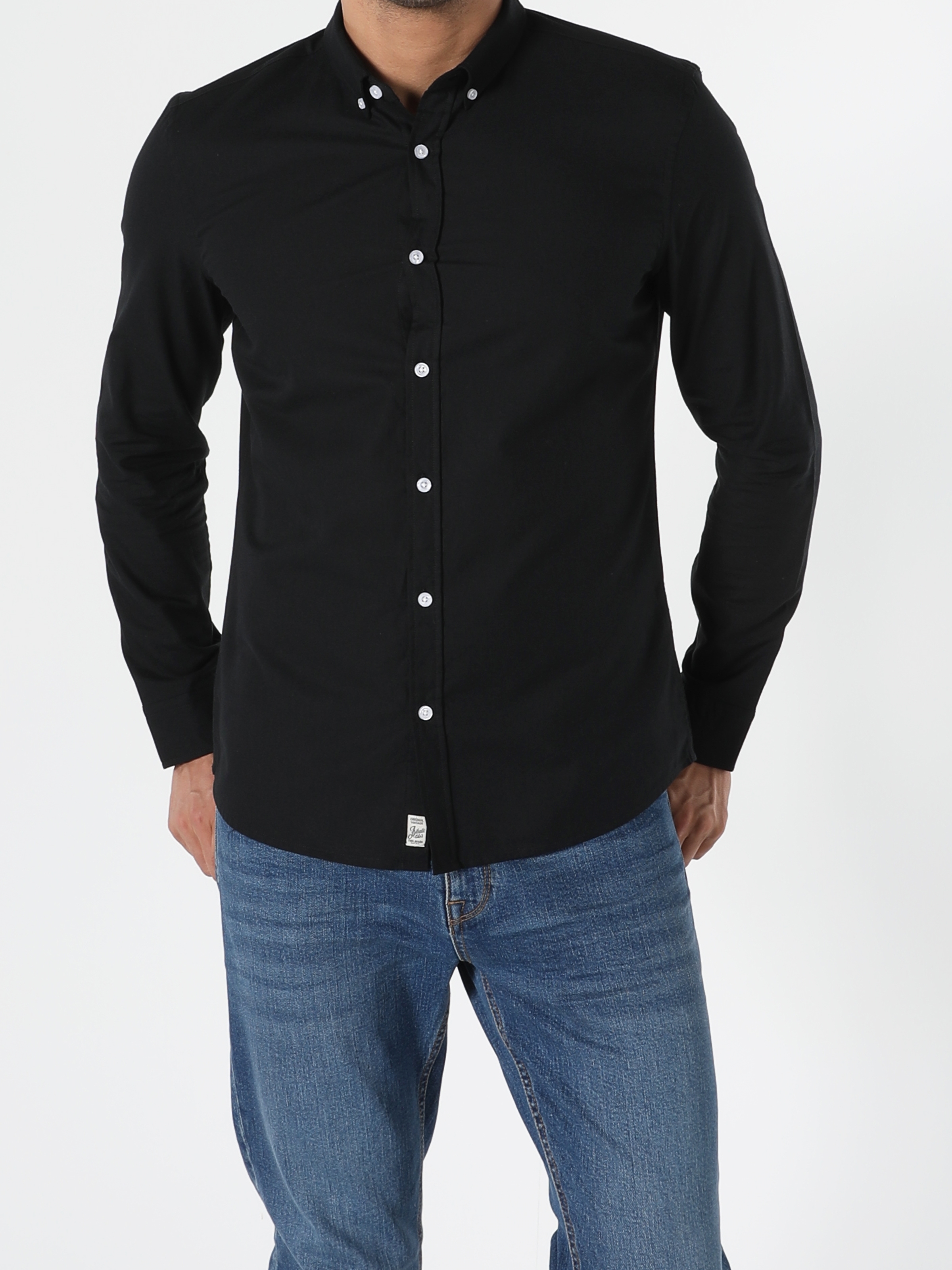 Slim Fit Shirt Neck Erkek Siyah Uzun Kol Gömlek Cl1048576