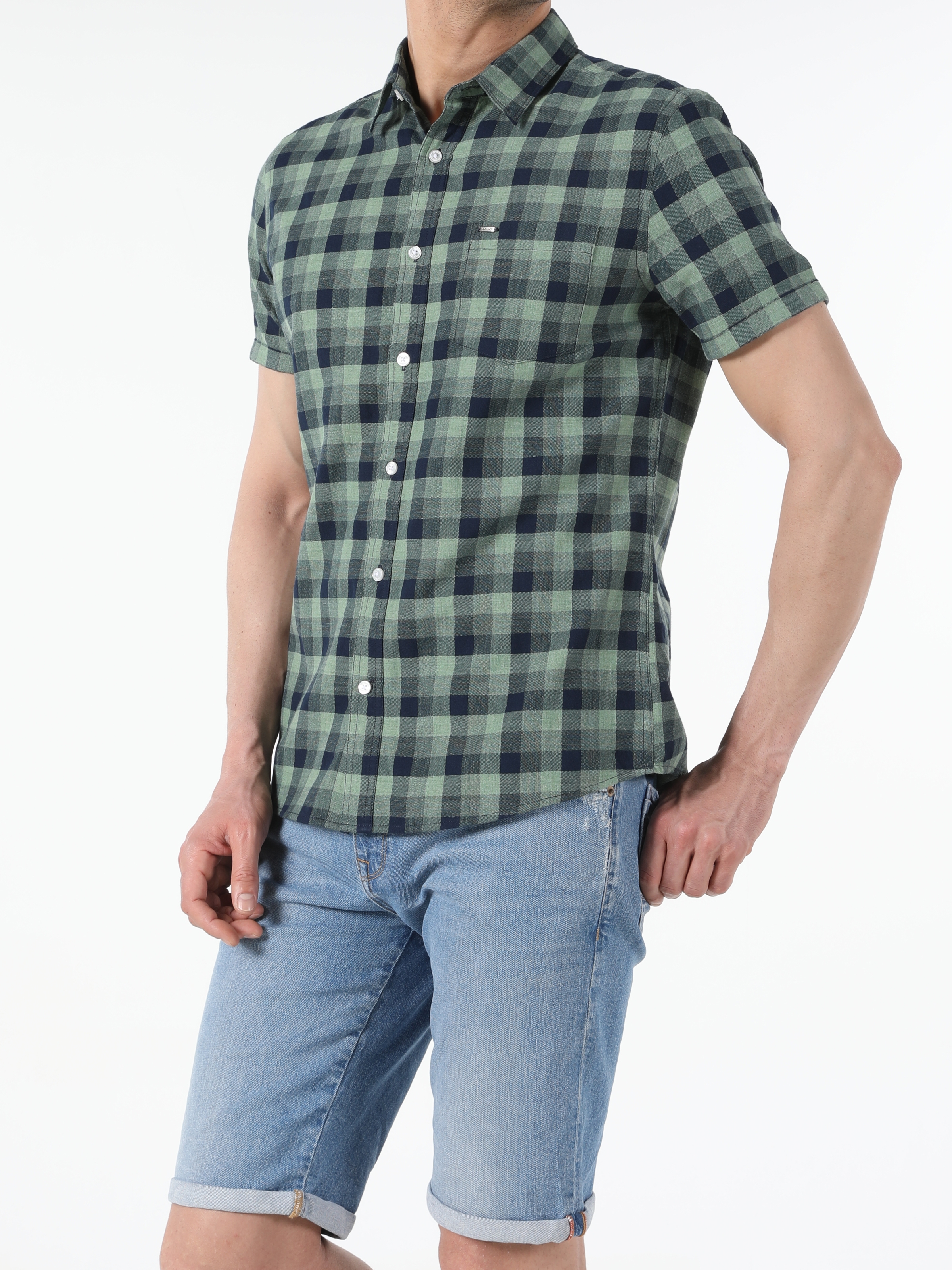 Slim Fit Shirt Neck Erkek Yeşil Kısa Kol Gömlek