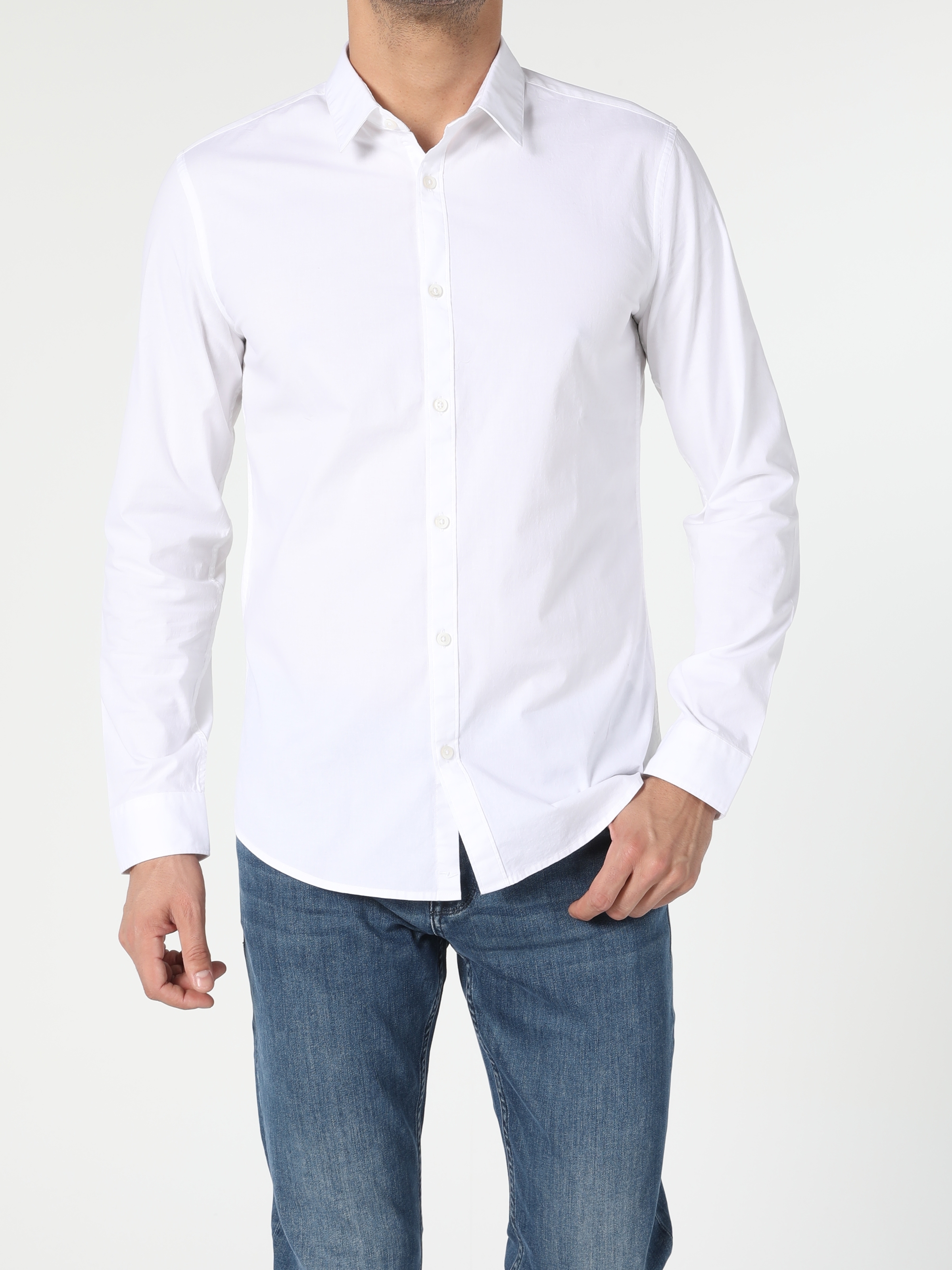 Super Slim Fit Shirt Neck Erkek Beyaz Uzun Kol Gömlek Cl1041350