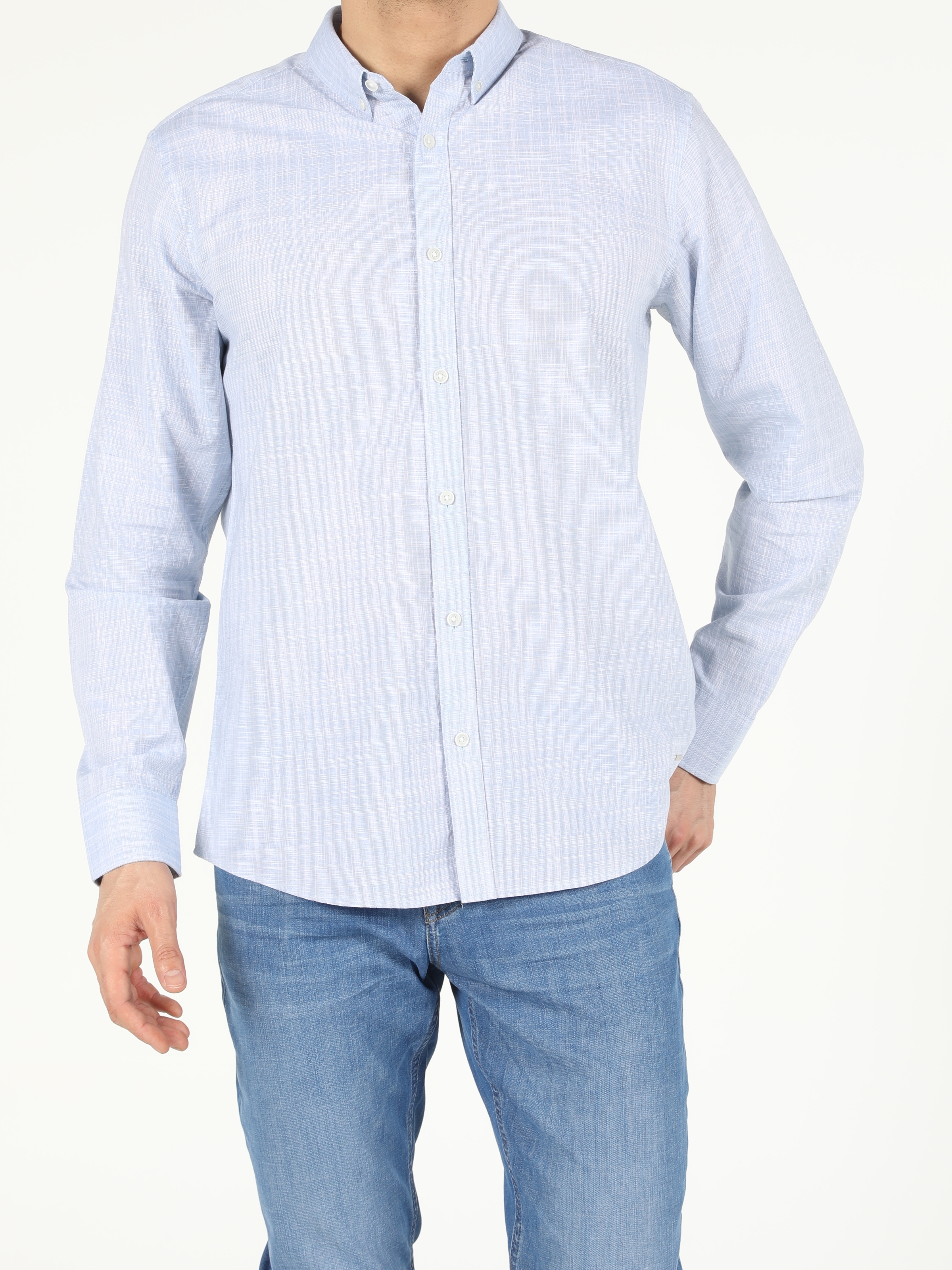 Colins Açık Mavi Regular Fit Shirt Neck Erkek Uzun Kol Gömlek. 1