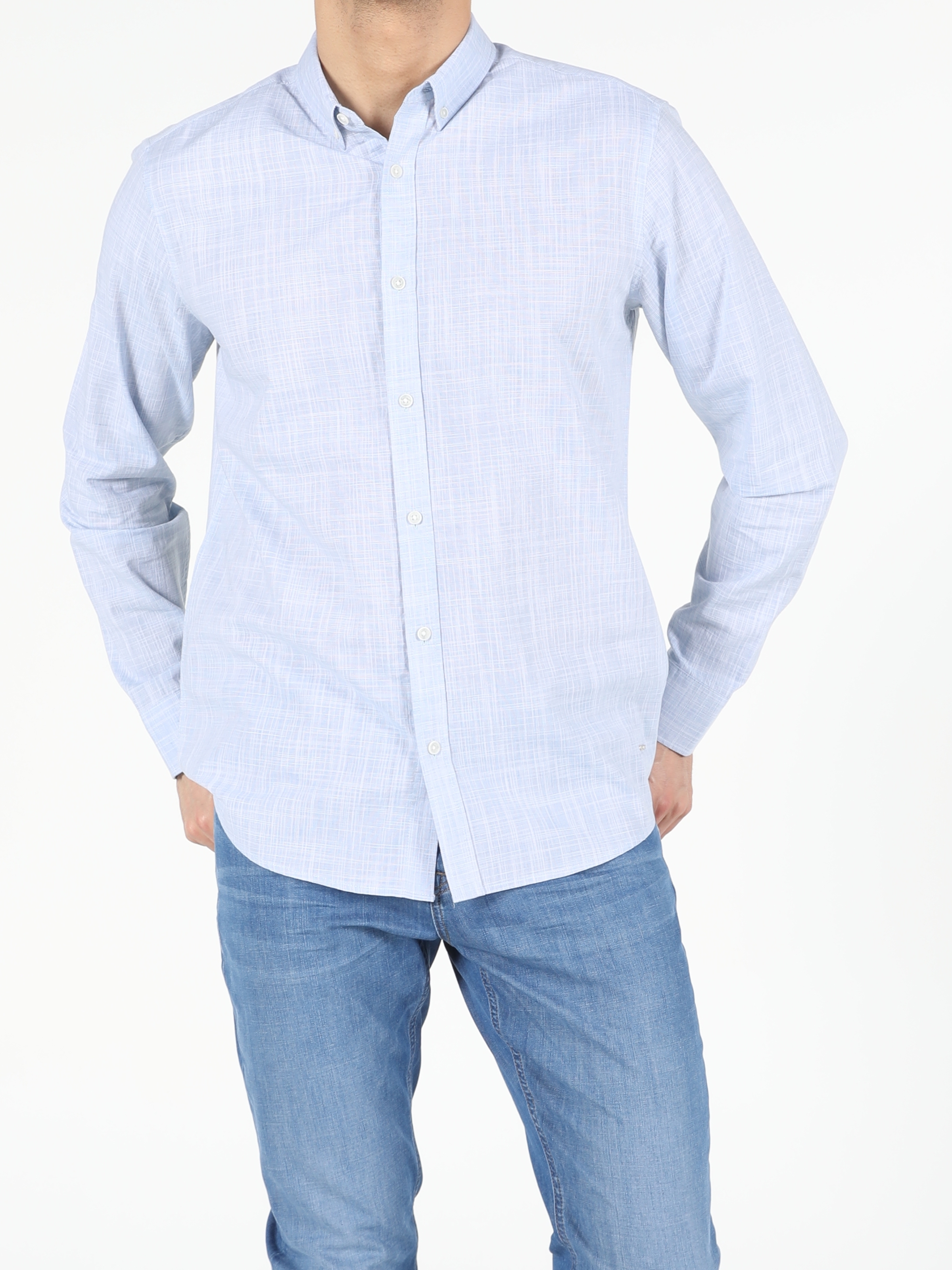 Açık Mavi Regular Fit Shirt Neck  Erkek Uzun Kol Gömlek