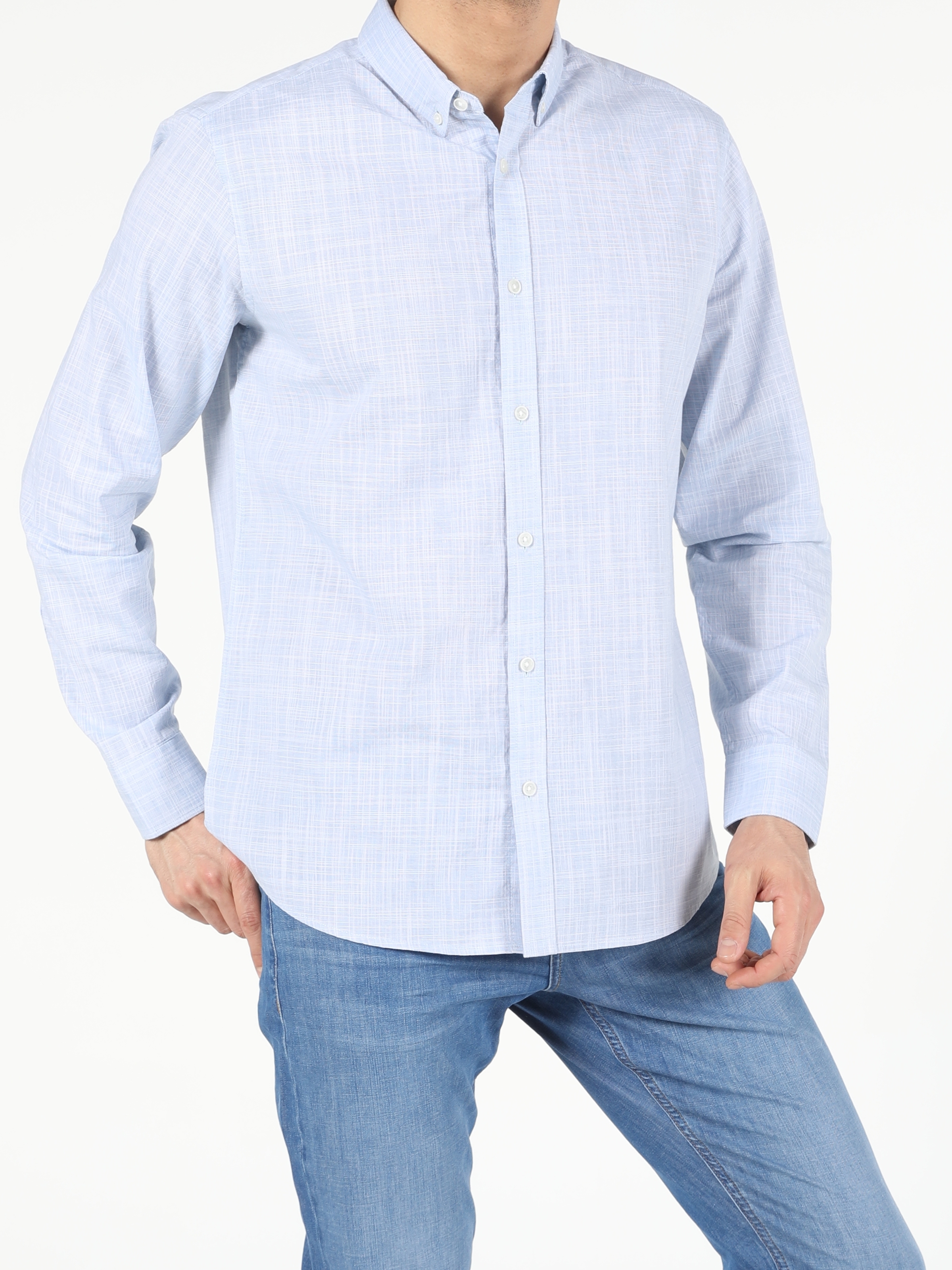 Colins Açık Mavi Regular Fit Shirt Neck Erkek Uzun Kol Gömlek. 4
