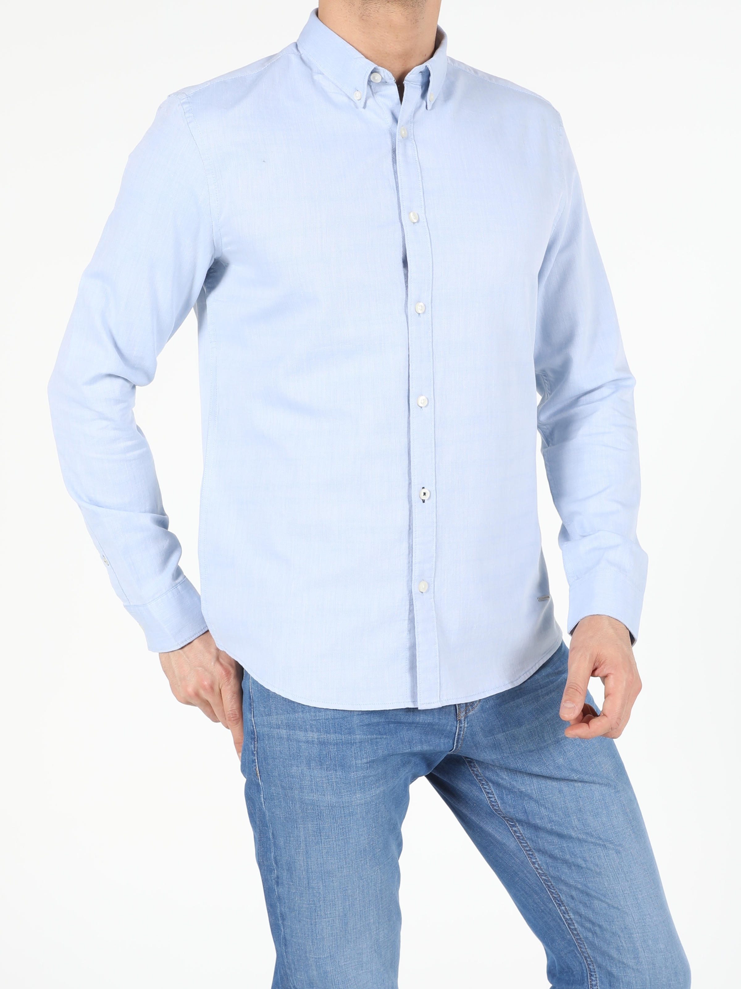 Colins Açık Mavi Slim Fit Shirt Neck Erkek Uzun Kol Gömlek. 1