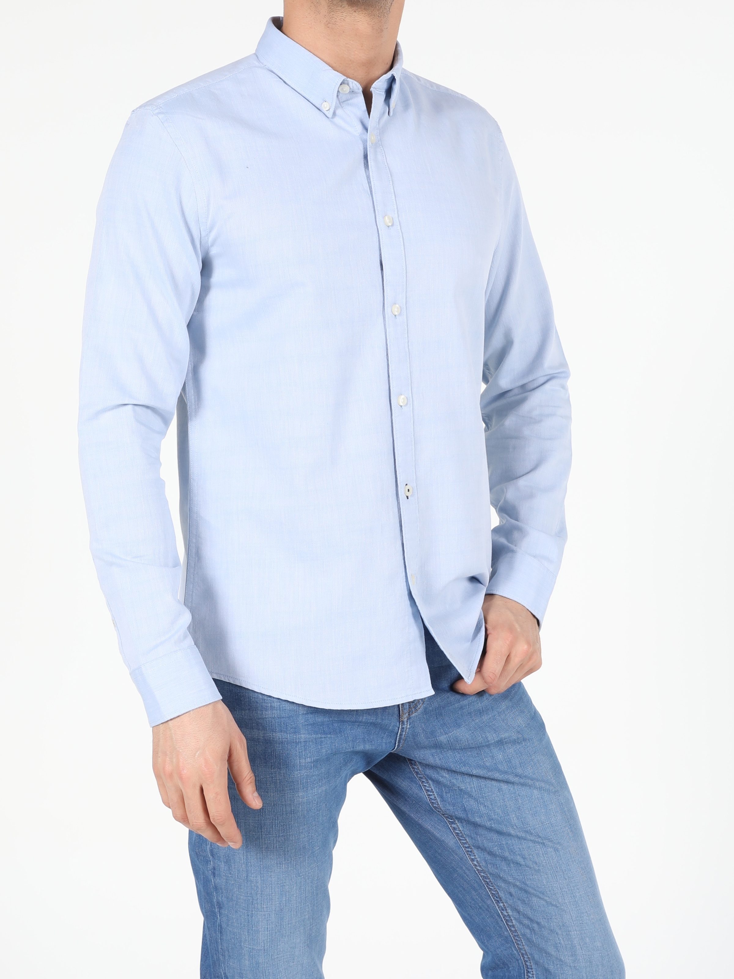 Colins Açık Mavi Slim Fit Shirt Neck Erkek Uzun Kol Gömlek. 4