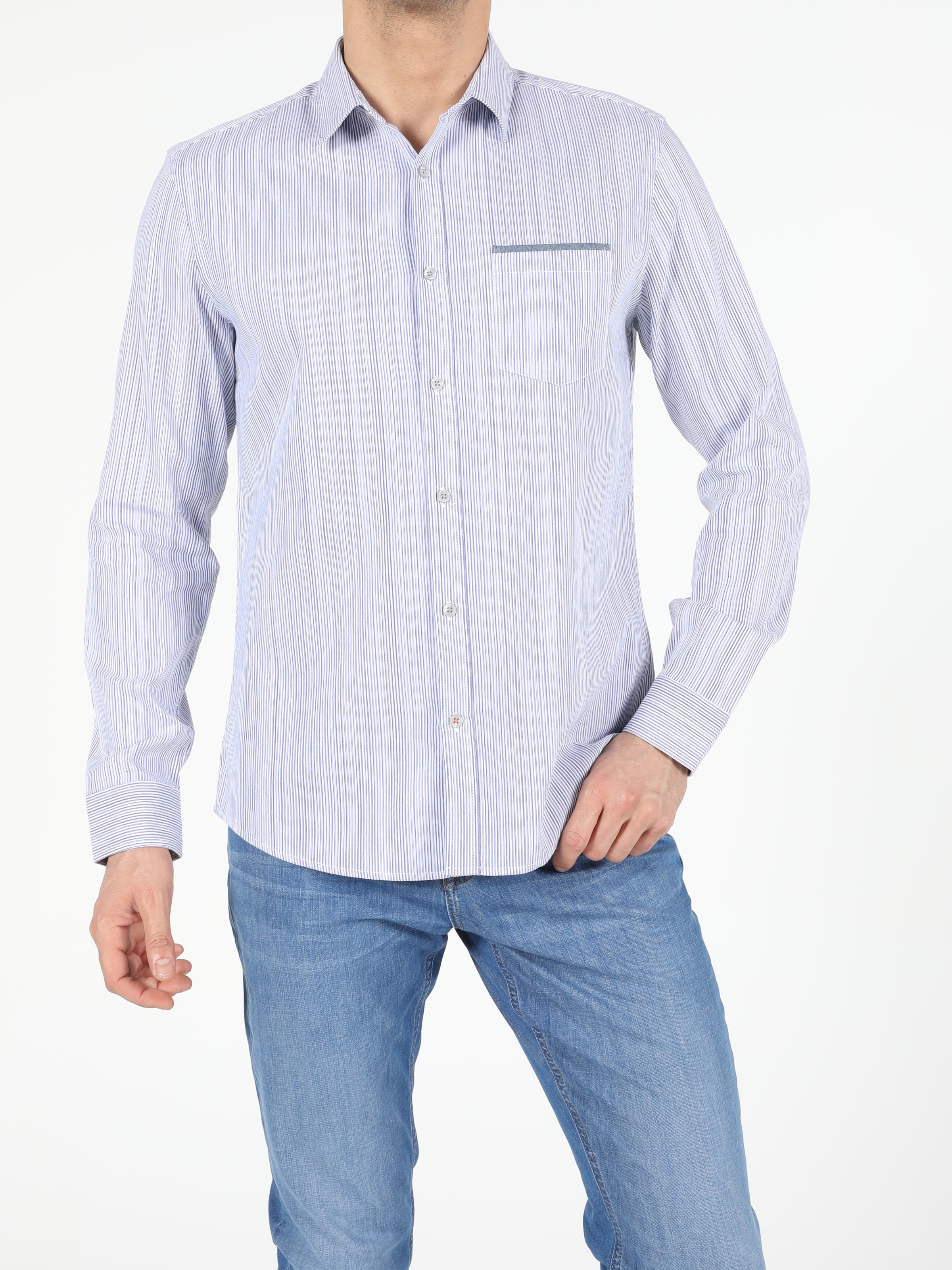 Colins Açık Mavi Slim Fit Shirt Neck Erkek Uzun Kol Gömlek. 1