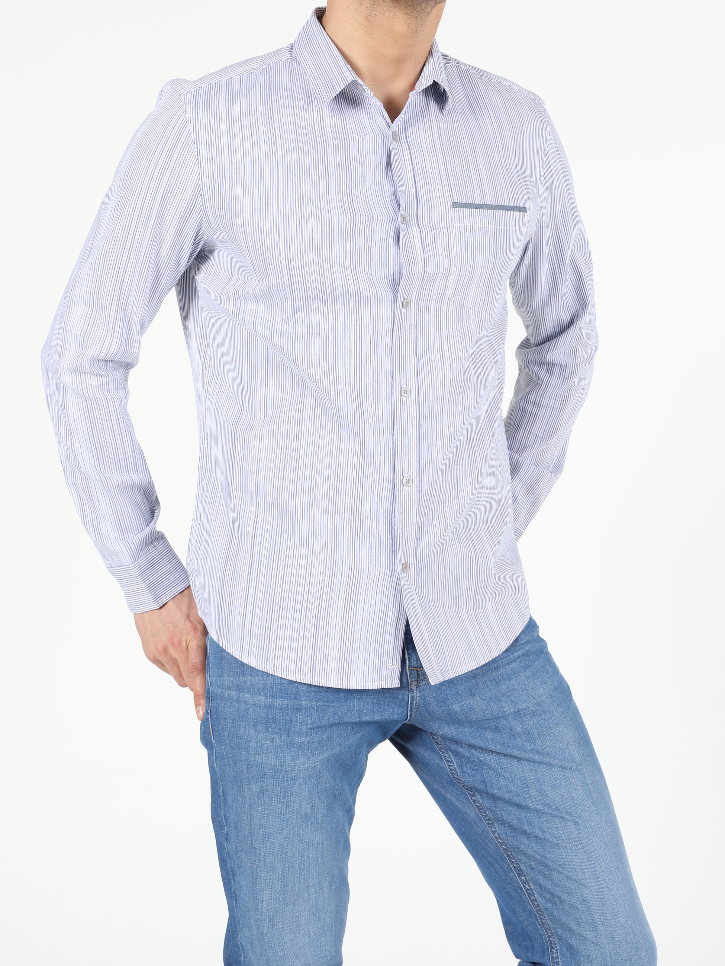 Açık Mavi Slim Fit Shirt Neck  Erkek Uzun Kol Gömlek