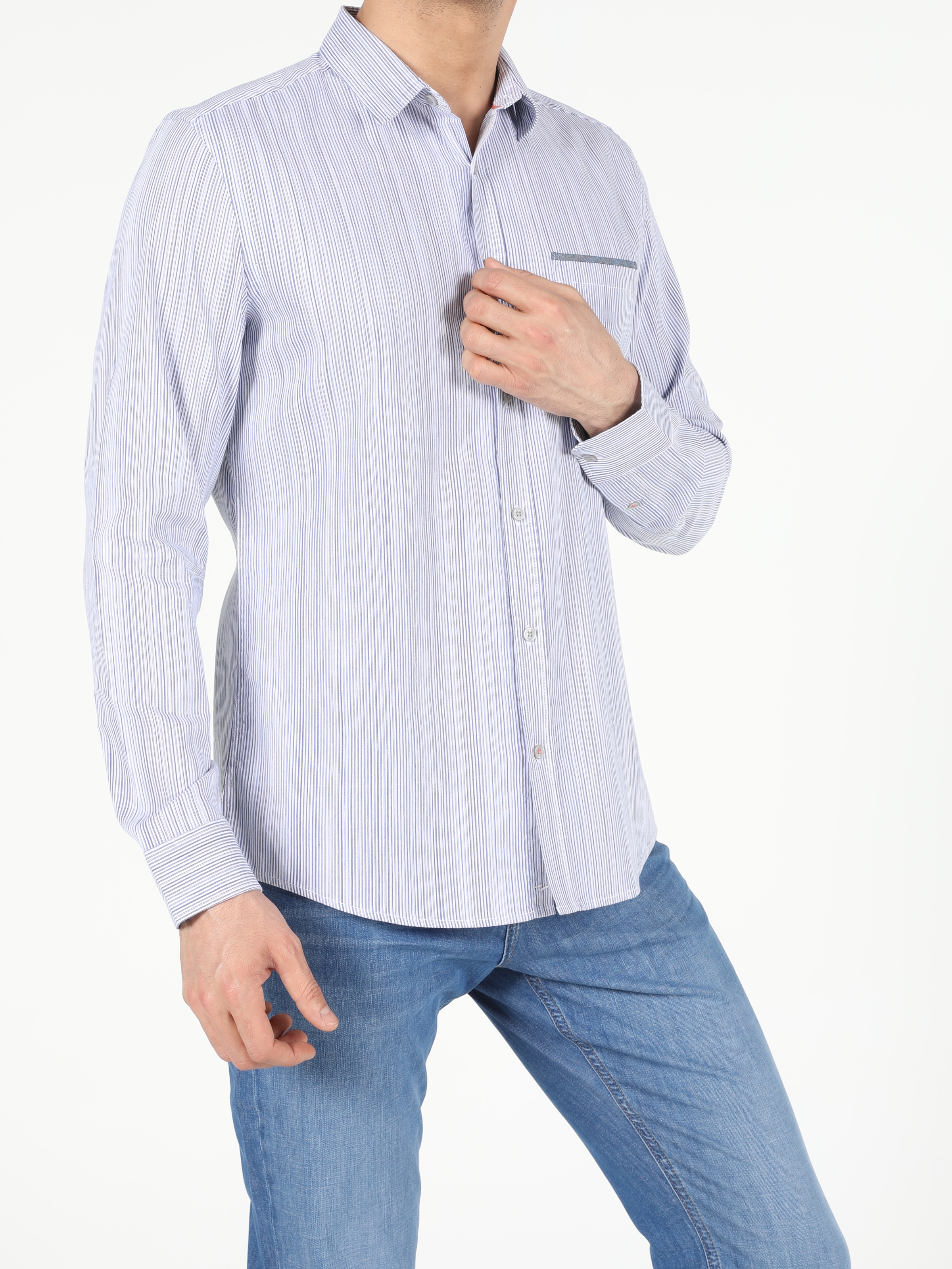 Colins Açık Mavi Slim Fit Shirt Neck Erkek Uzun Kol Gömlek. 4