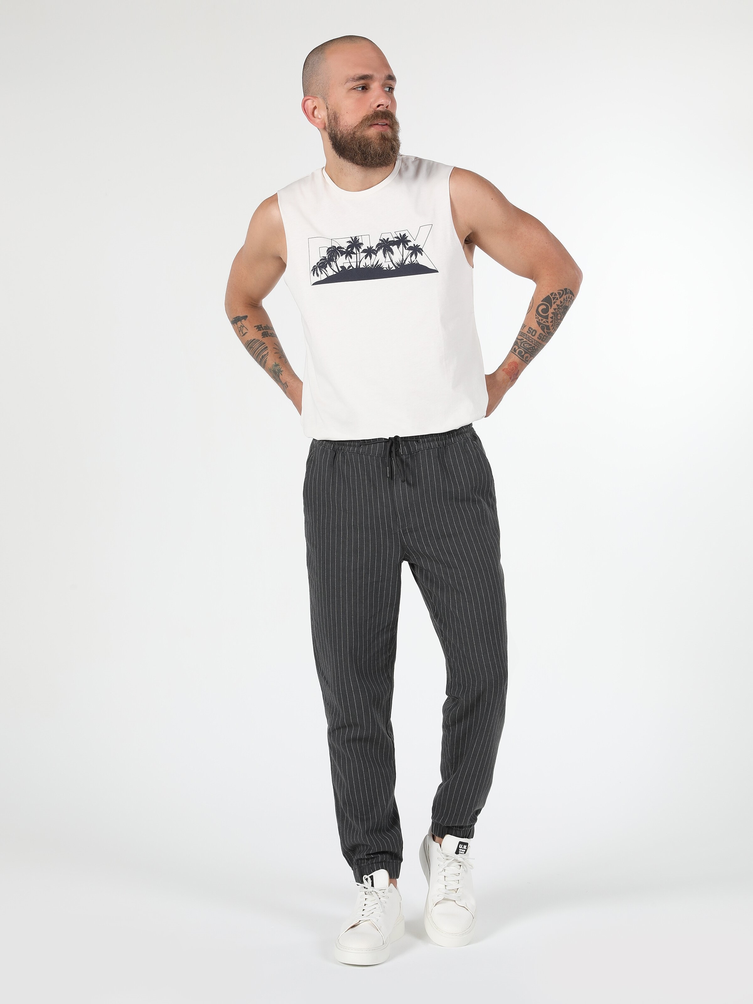 Colins Slim Fit Orta Bel Dar Paça Çizgili Jogger Antrasit Erkek Pantolon. 3
