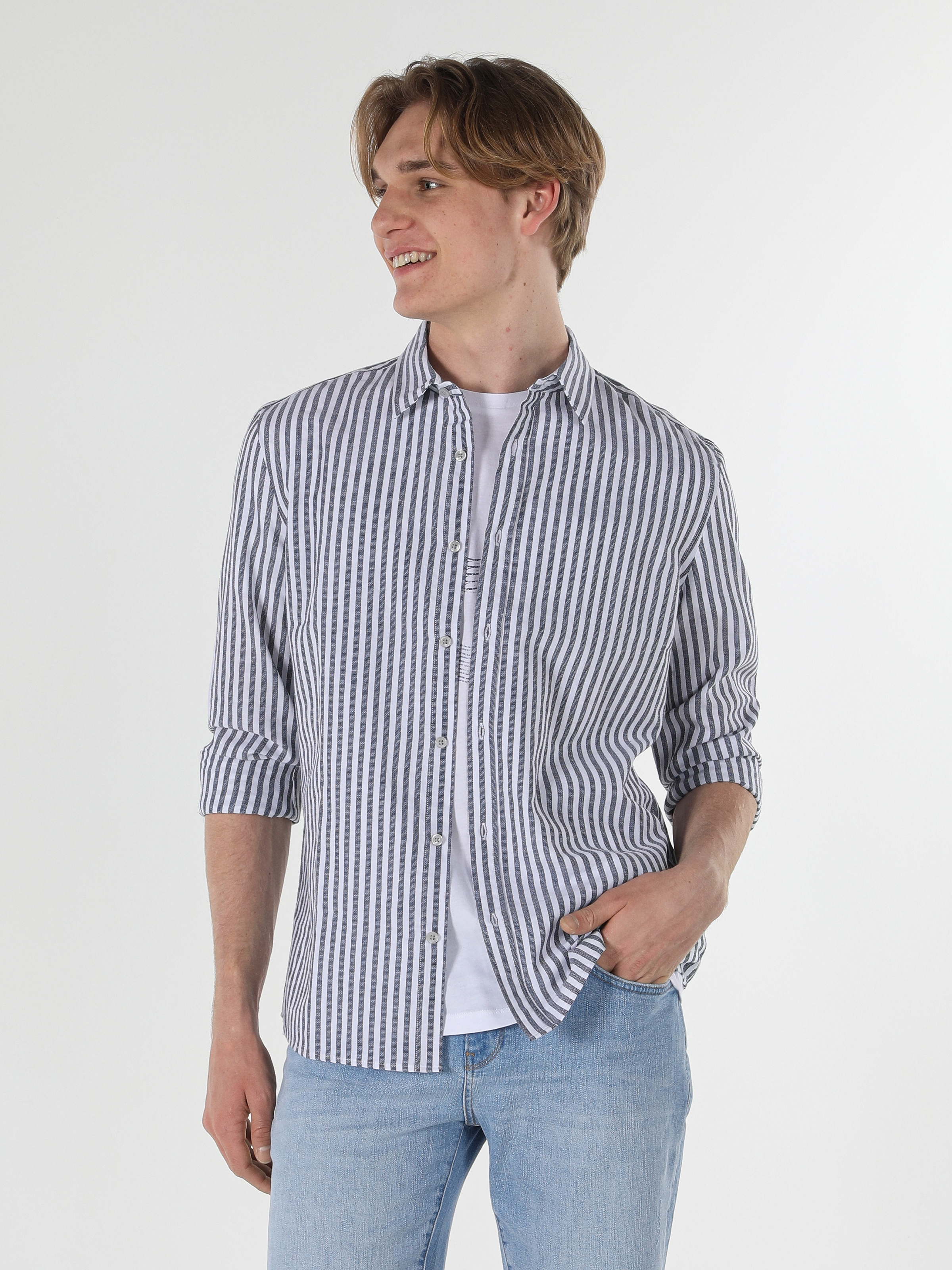Colins Antrasit Slim Fit Shirt Neck Erkek Uzun Kol Gömlek. 1
