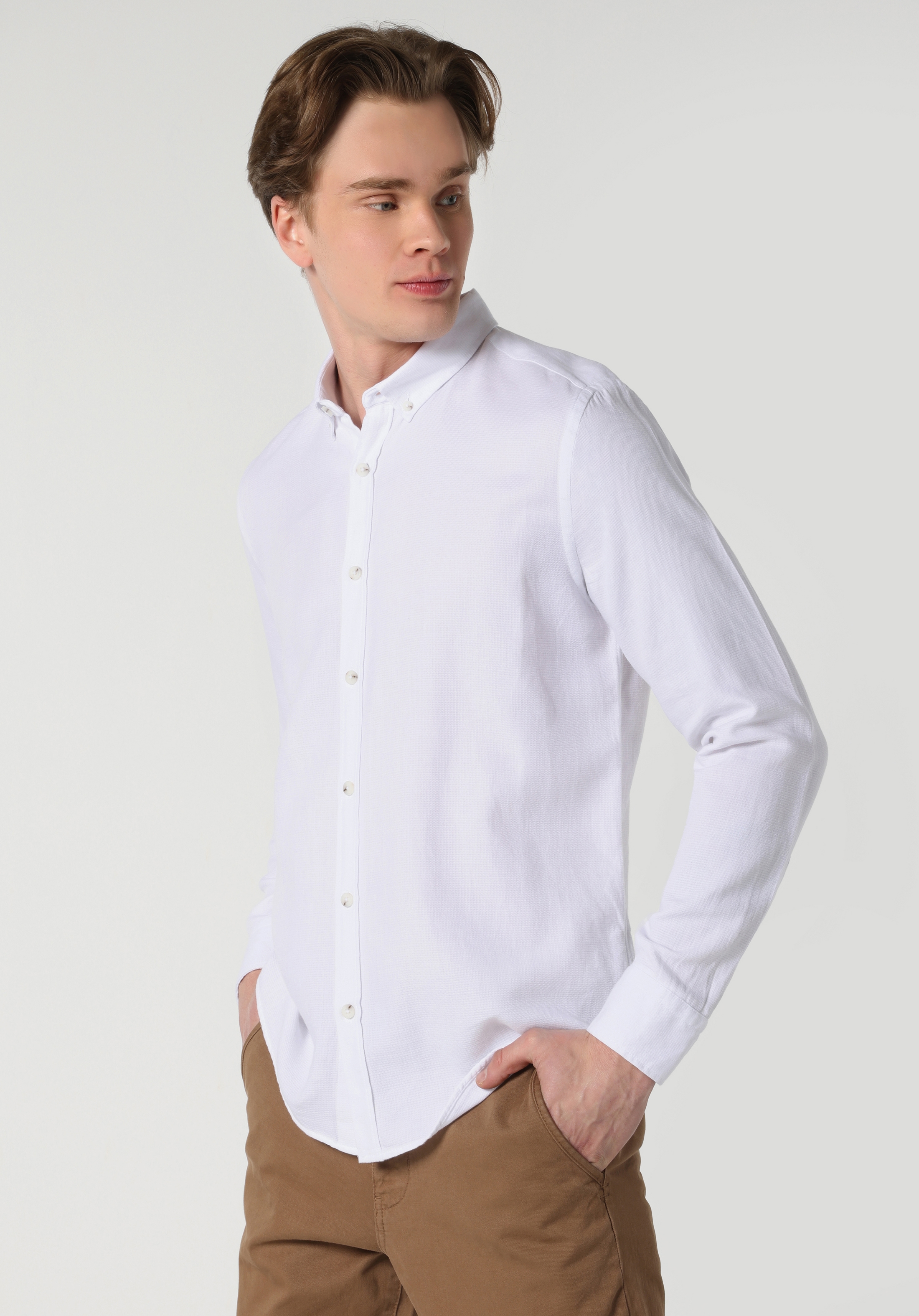 Slim Fit Shirt Neck Düz Erkek Beyaz Uzun Kol Gömlek Cl1061785